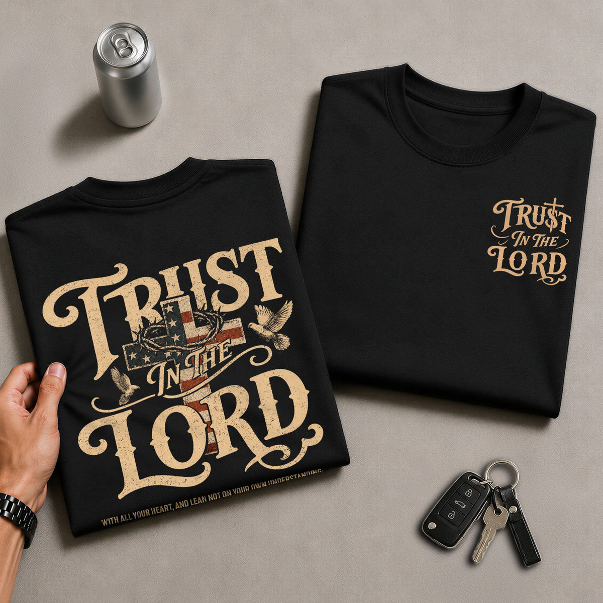 Trust In The Lord Proverbs American Flag Cross Doves Christian Graphic T Shirt Men - Rust Field Wear