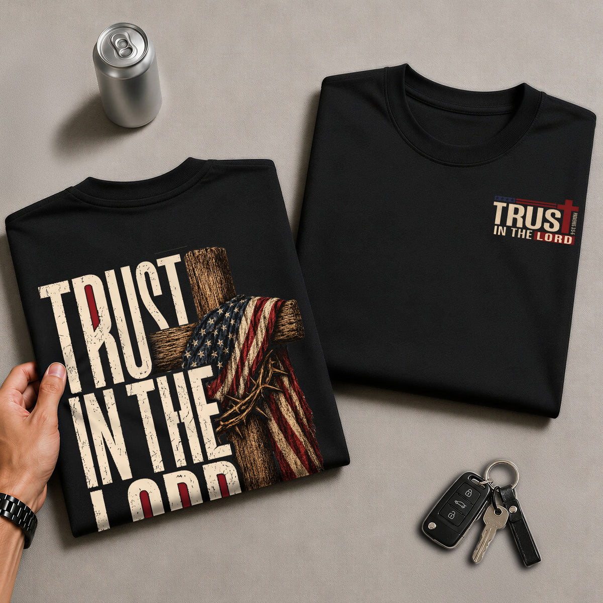 Trust In The Lord American Flag Cross Crown Of Thorns Christian Graphic T Shirt Men - Rust Field Wear