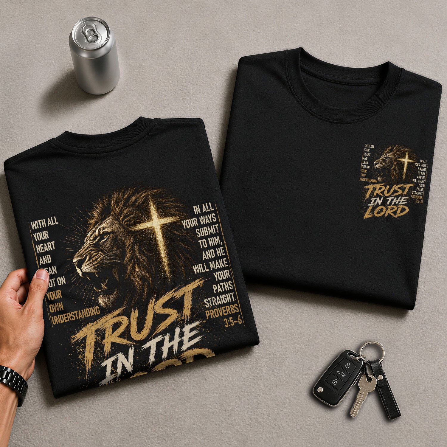 Trust In The Lord Lion Cross Scripture Christian Graphic Casual Crewneck Tee Shirt Men - Rust Field Wear
