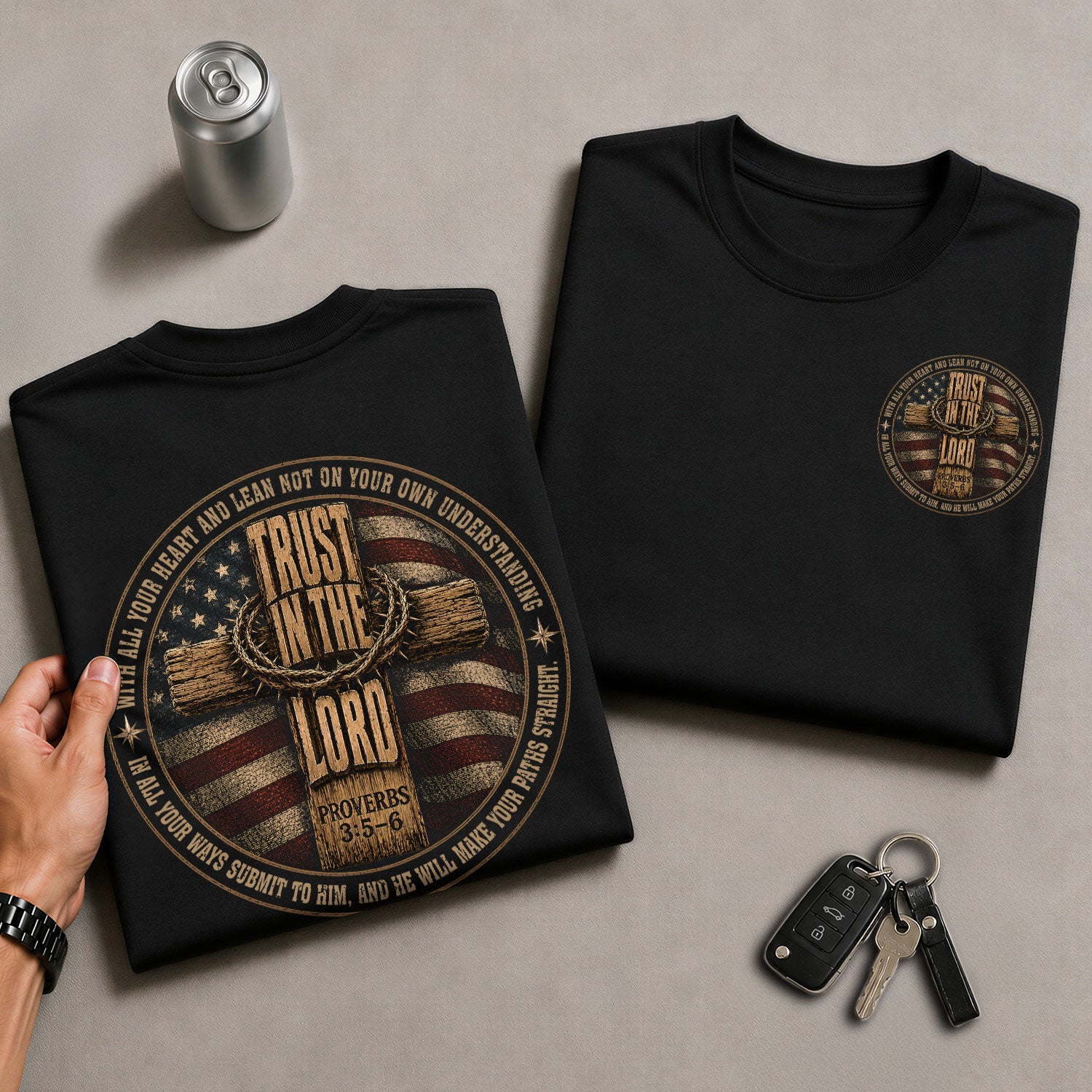 Trust In The Lord American Flag Cross Christian Shirt Graphic Casual Crewneck Men - Rust Field Wear