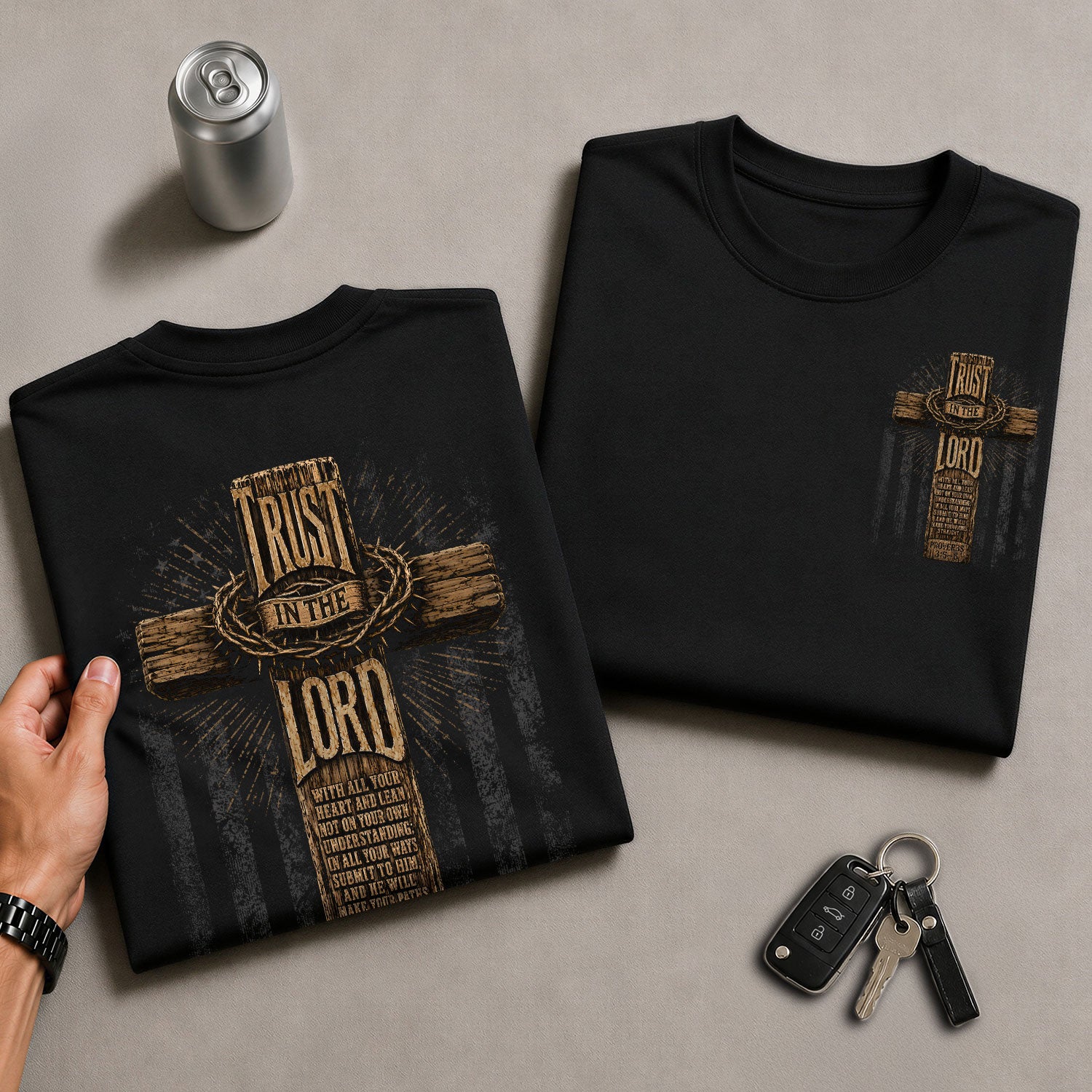 Trust In The Lord Wooden Cross Scripture Christian Graphic Casual Crewneck Tee Men - Rust Field Wear
