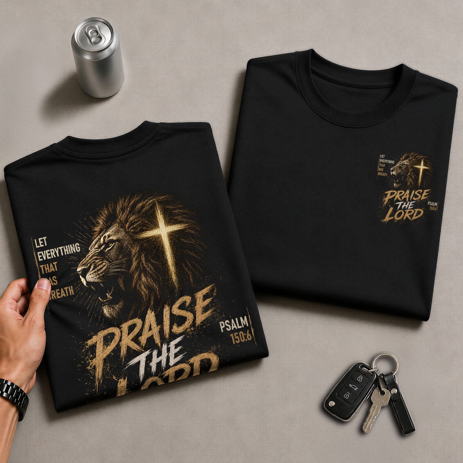 Praise The Lord Lion Cross Psalm Scripture Christian Graphic Casual Crewneck Tee Shirt Men - Rust Field Wear
