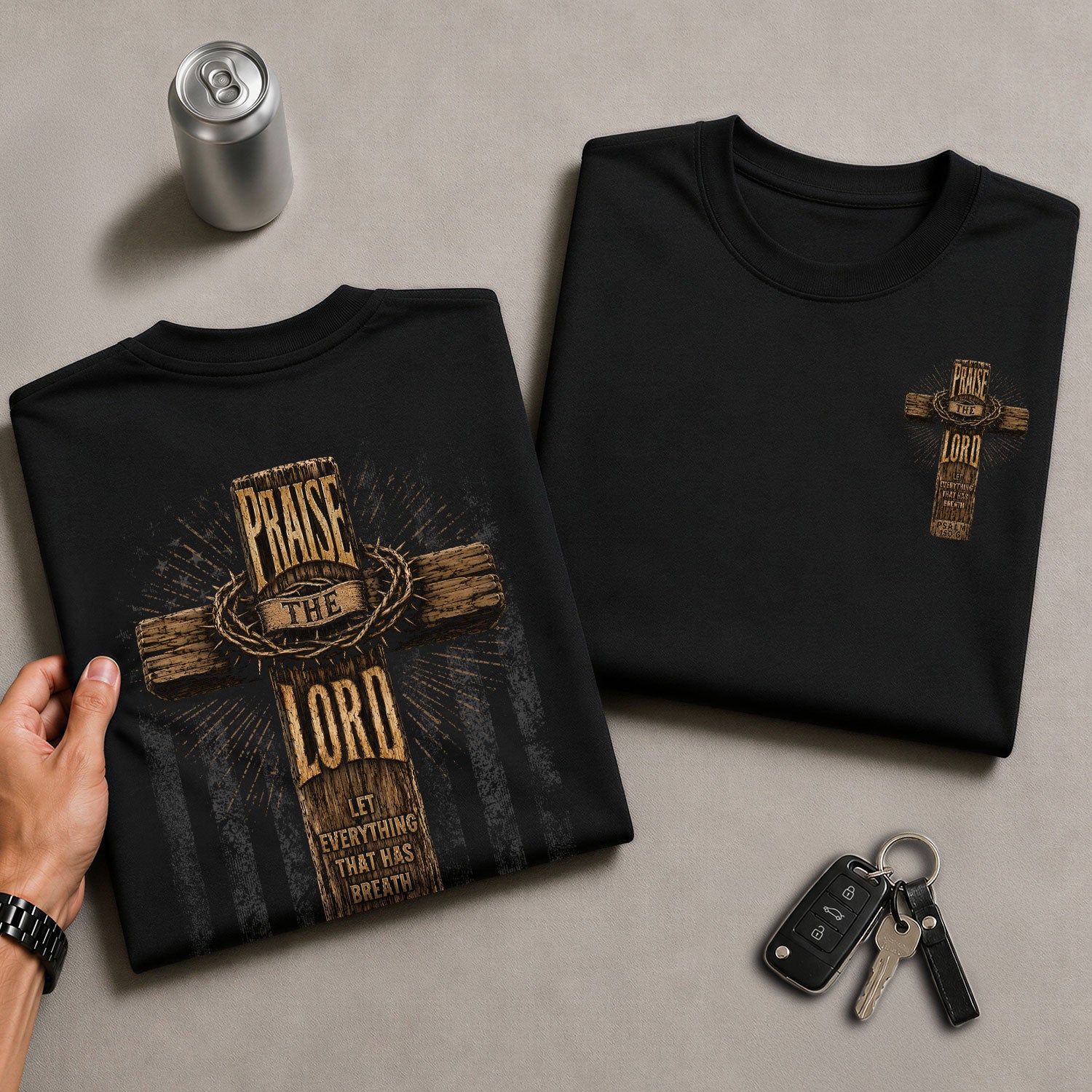 Praise The Lord Wooden Cross Scripture Christian Graphic Casual Crewneck Tee Shirt Men - Rust Field Wear