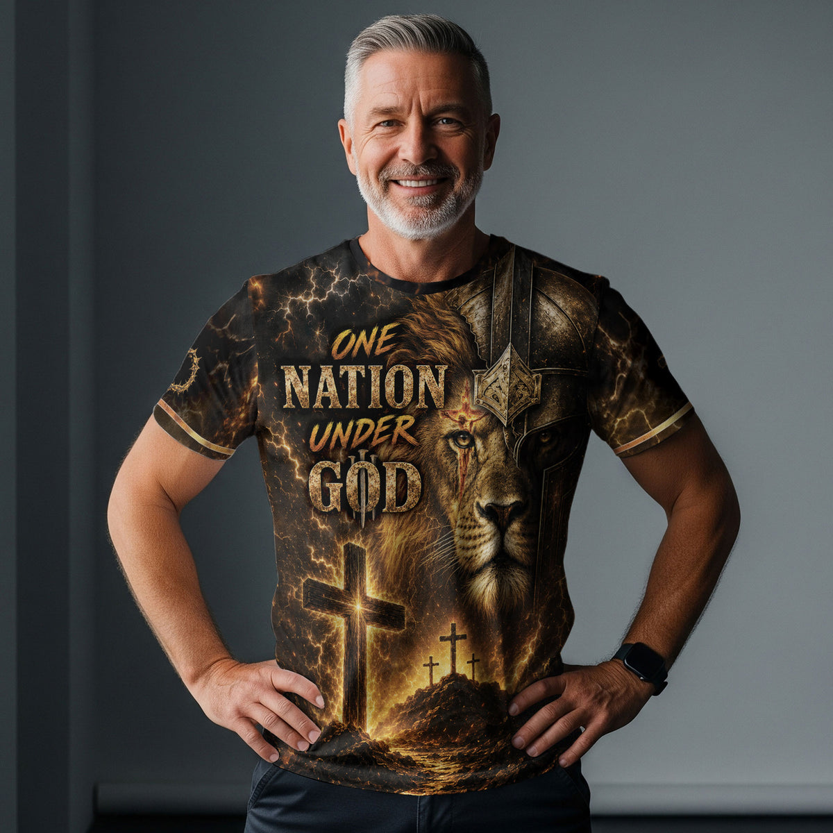 One Nation Under God Christian Lion Helmet Armor Cross Patriotic - Christian Shirts for Men, Christian Tee Shirts - Rust Field Wear