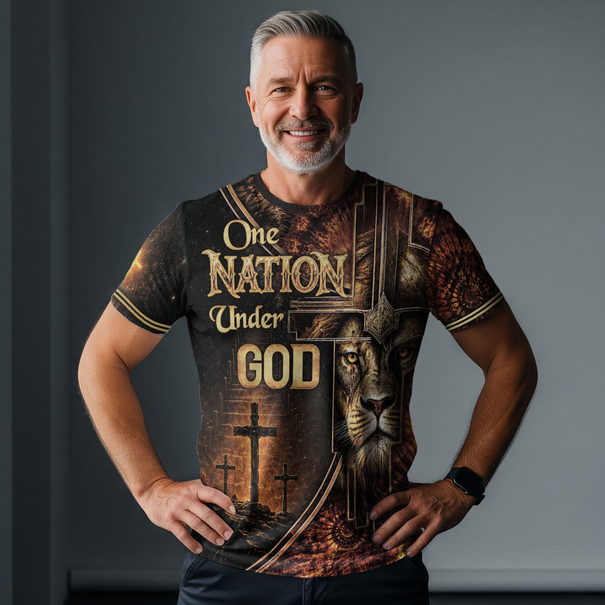 Christian Shirts for Men, One Nation Under God Lion Cross Christian Jesus Golden Graphic - Christian Tee Shirts - Rust Field Wear