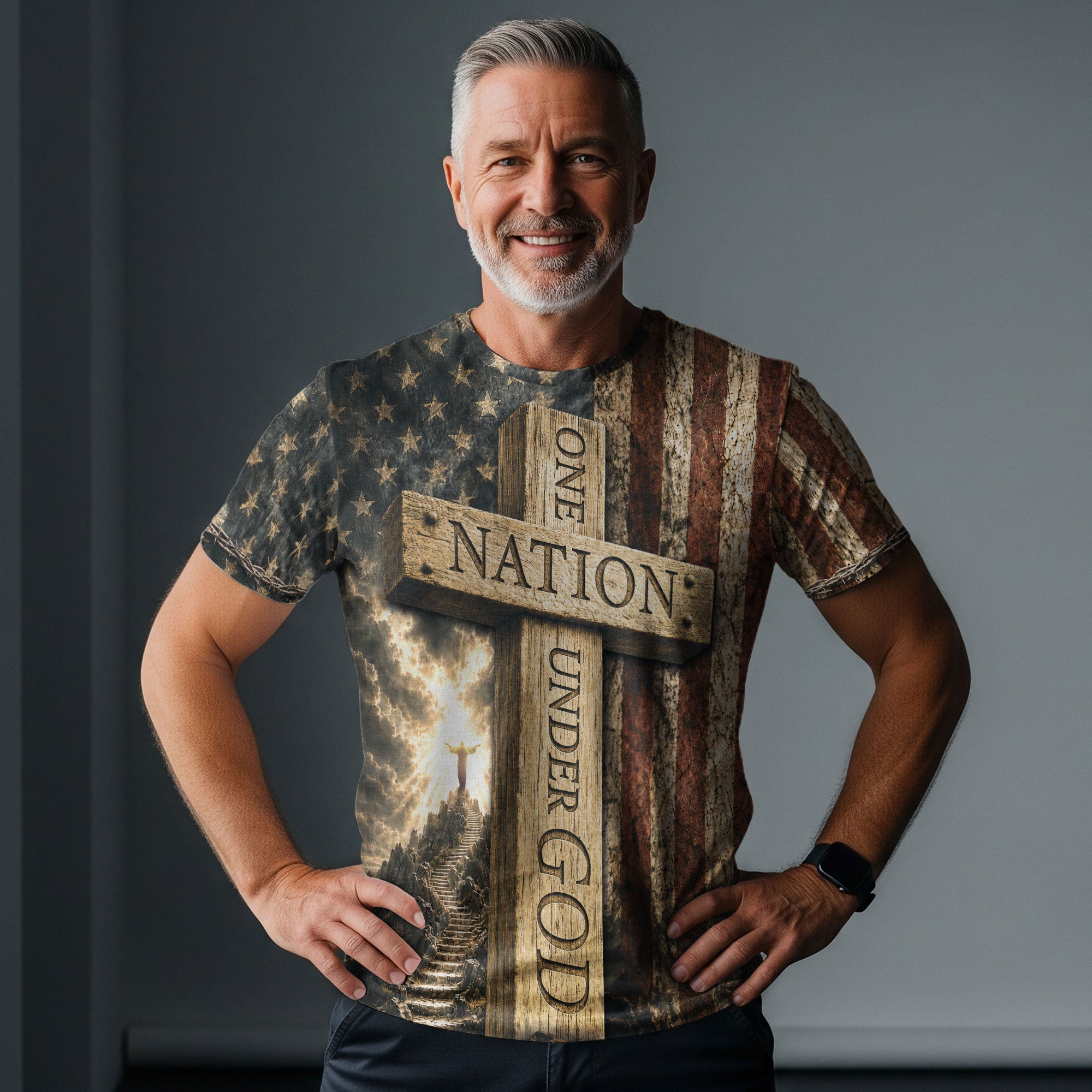 Christian Tee Shirts - One Nation Under God Cross Flag Lamb Christian Patriotic, Christian Shirts for Men - Rust Field Wear
