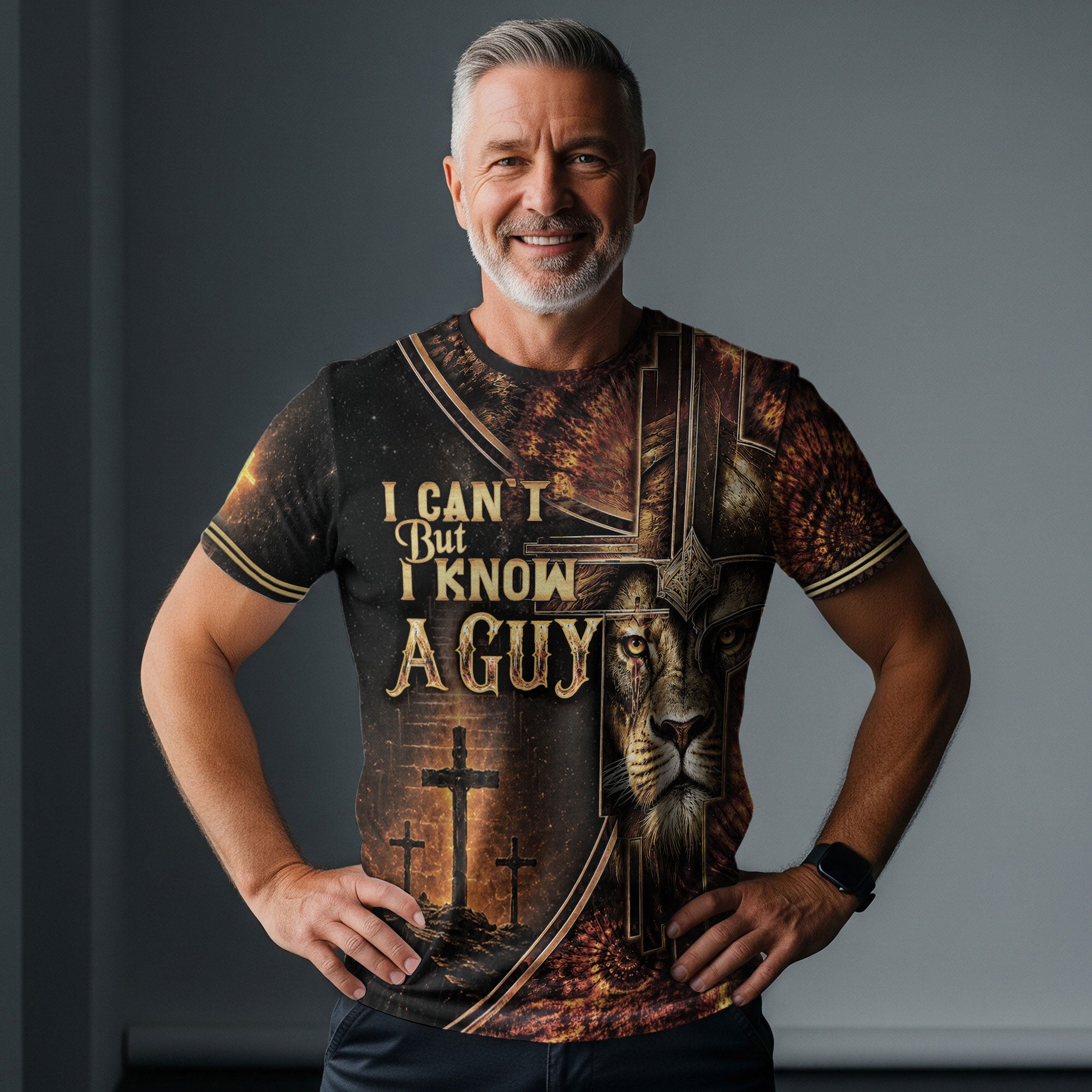 I Can't But I Know A Guy Lion Cross Christian Jesus Golden, Christian Shirts for Men - Christian Tee Shirts - Rust Field Wear