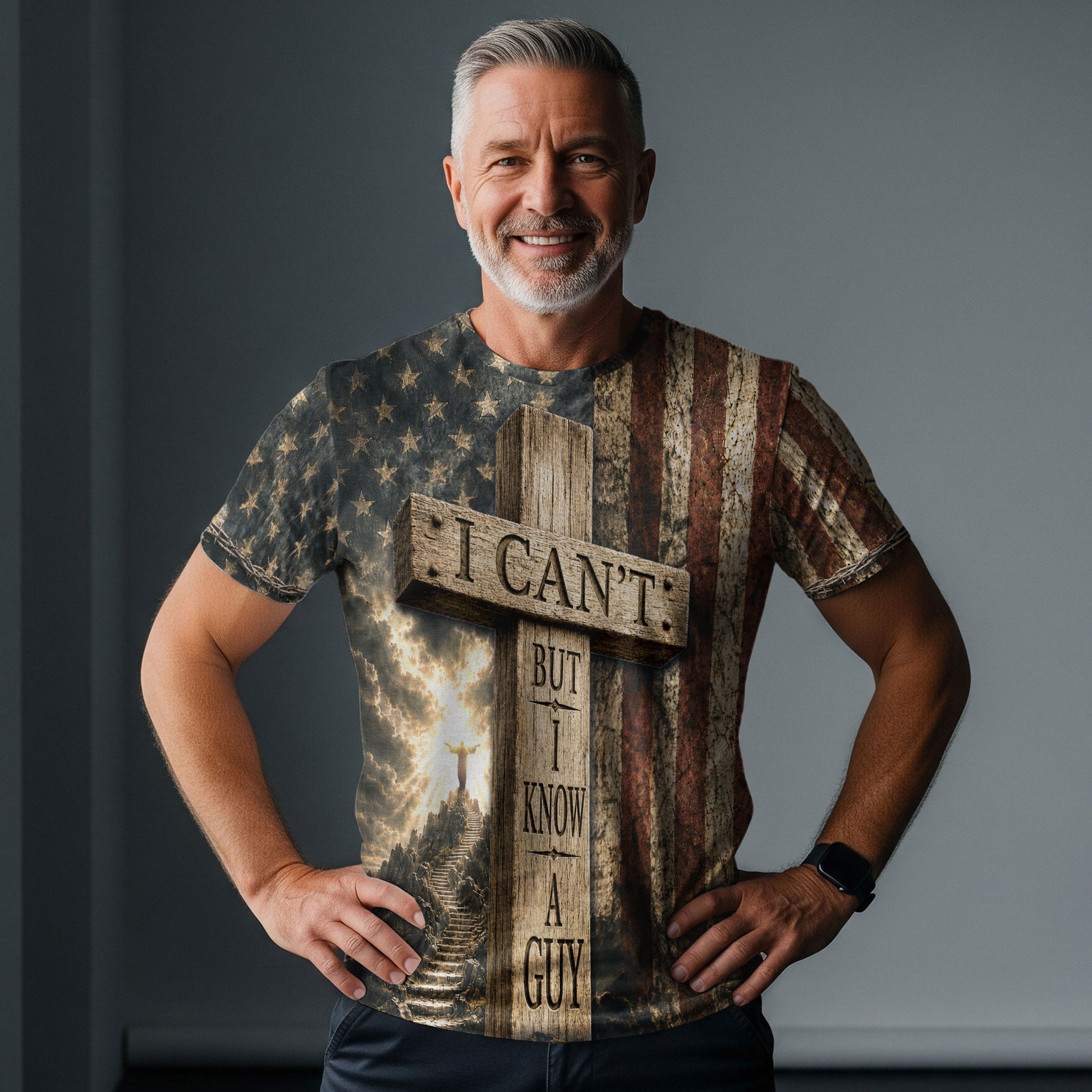 Christian Tee Shirts, I Can't But I Know A Guy Cross Flag Lamb Christian Patriotic - Christian Shirts for Men - Rust Field Wear