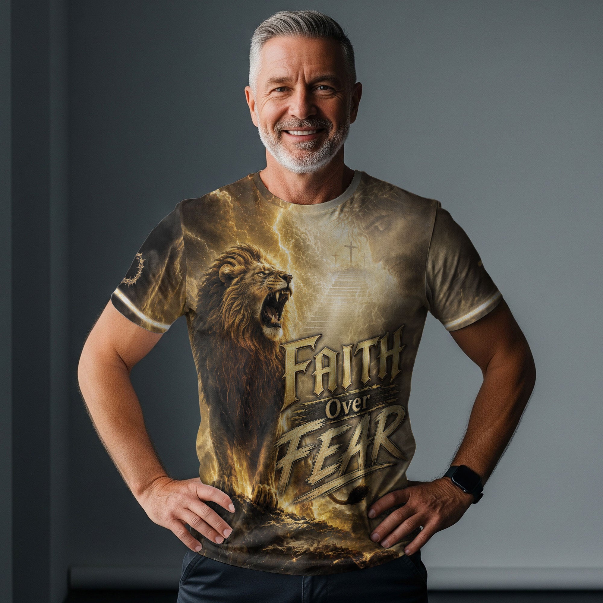 Faith Over Fear Jesus Shirt Christian Lion Cross 3D All Over Print Graphic Men Tee Shirt