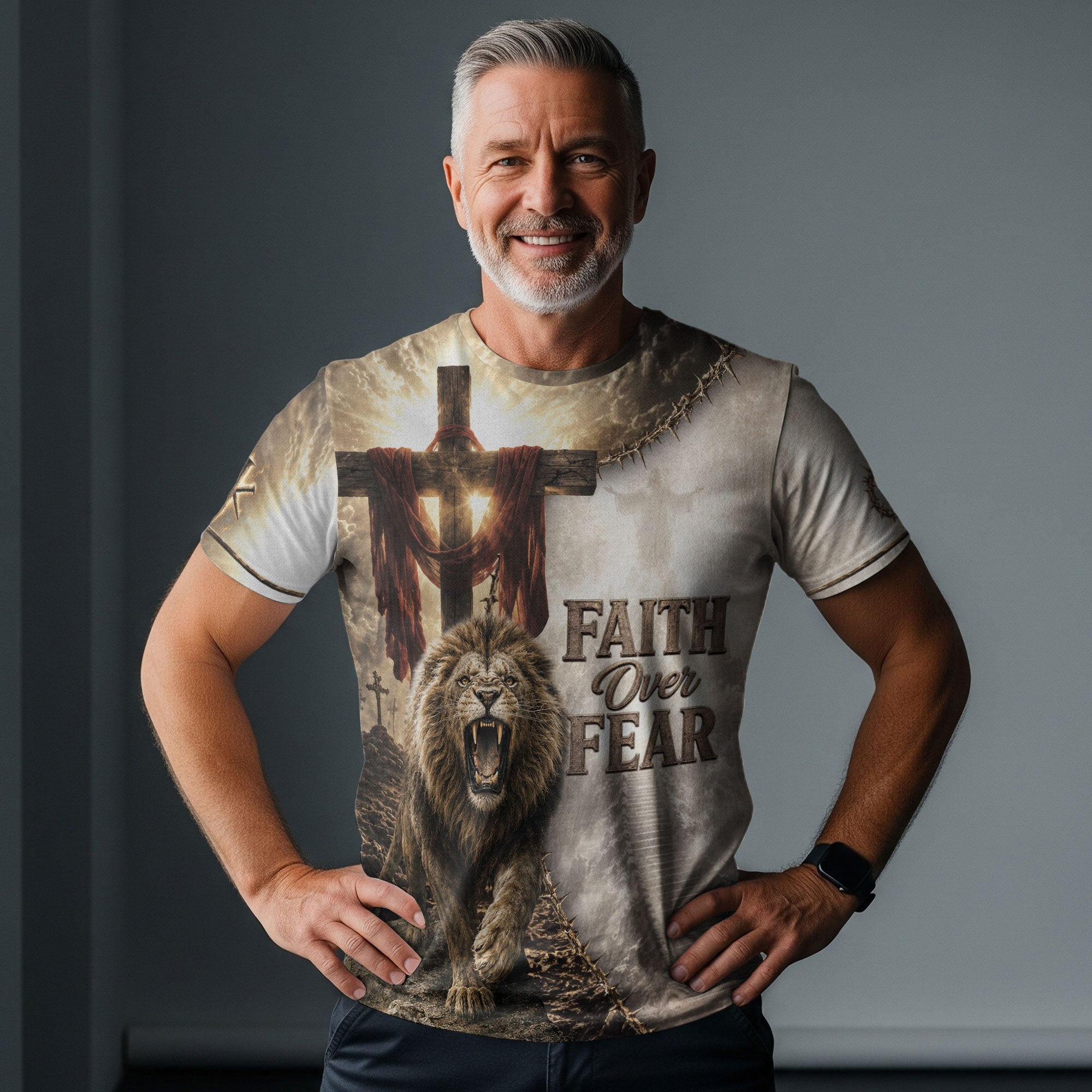 Faith Over Fear Jesus Shirt Bold Christian Lion Angel Wings Cross 3D All Over Print Men