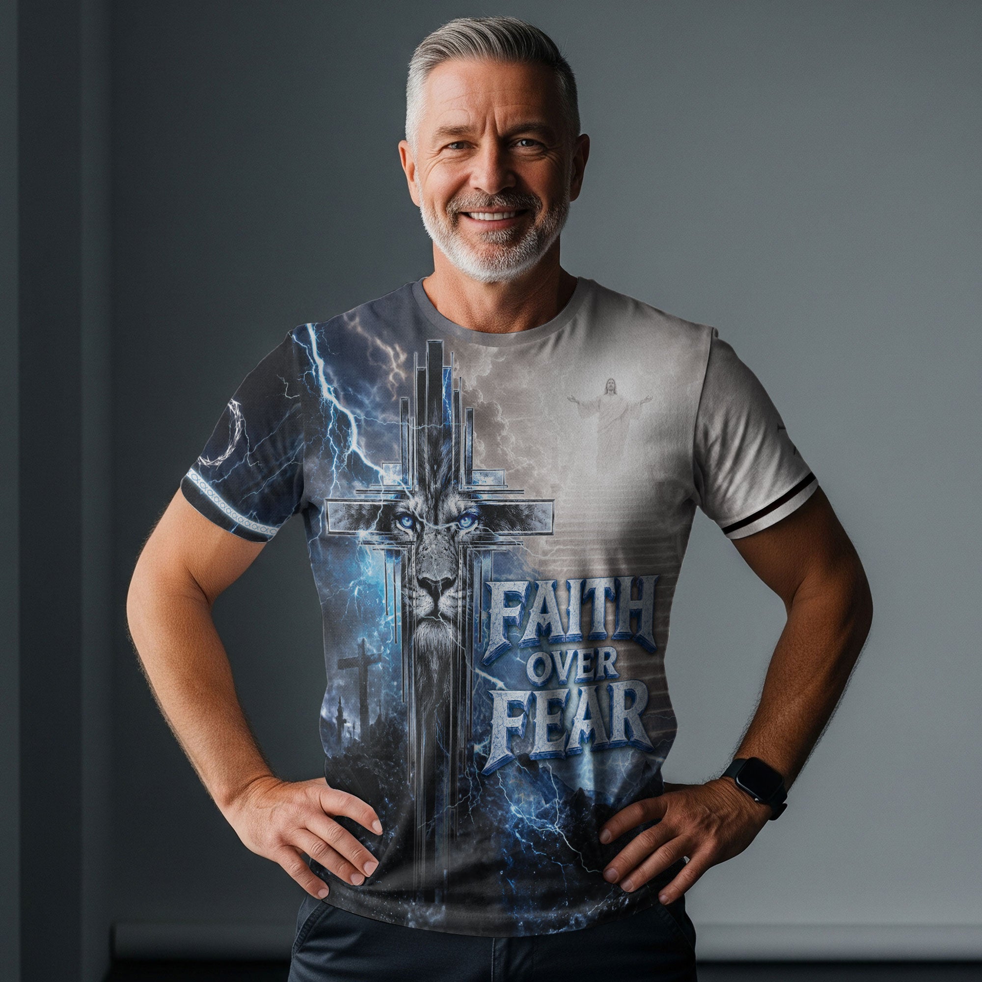 Faith Over Fear Jesus Shirt Blue Lightning Lion Cross 3D All Over Print Christian Men Apparel