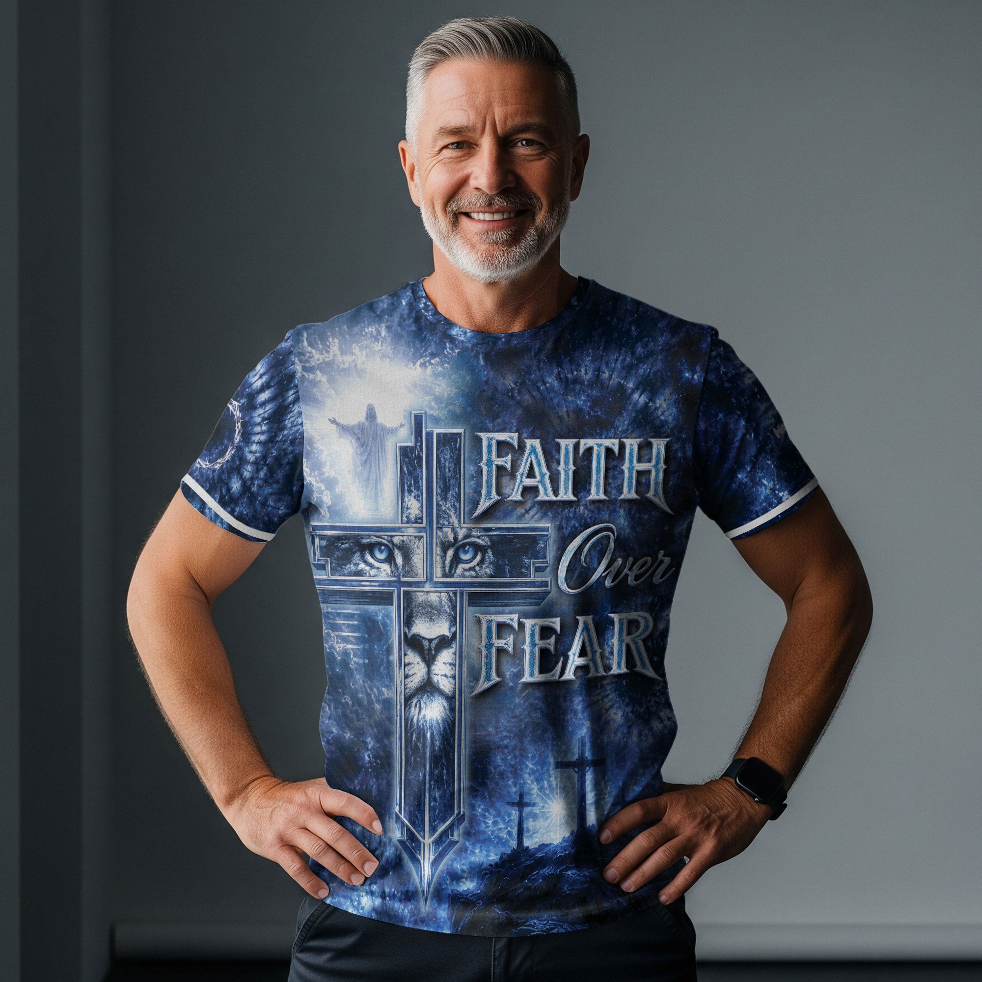 Christian Tee Shirts, Faith Over Fear Lion Cross Christian Jesus Inspirational Graphic - Christian Shirts for Men - Rust Field Wear