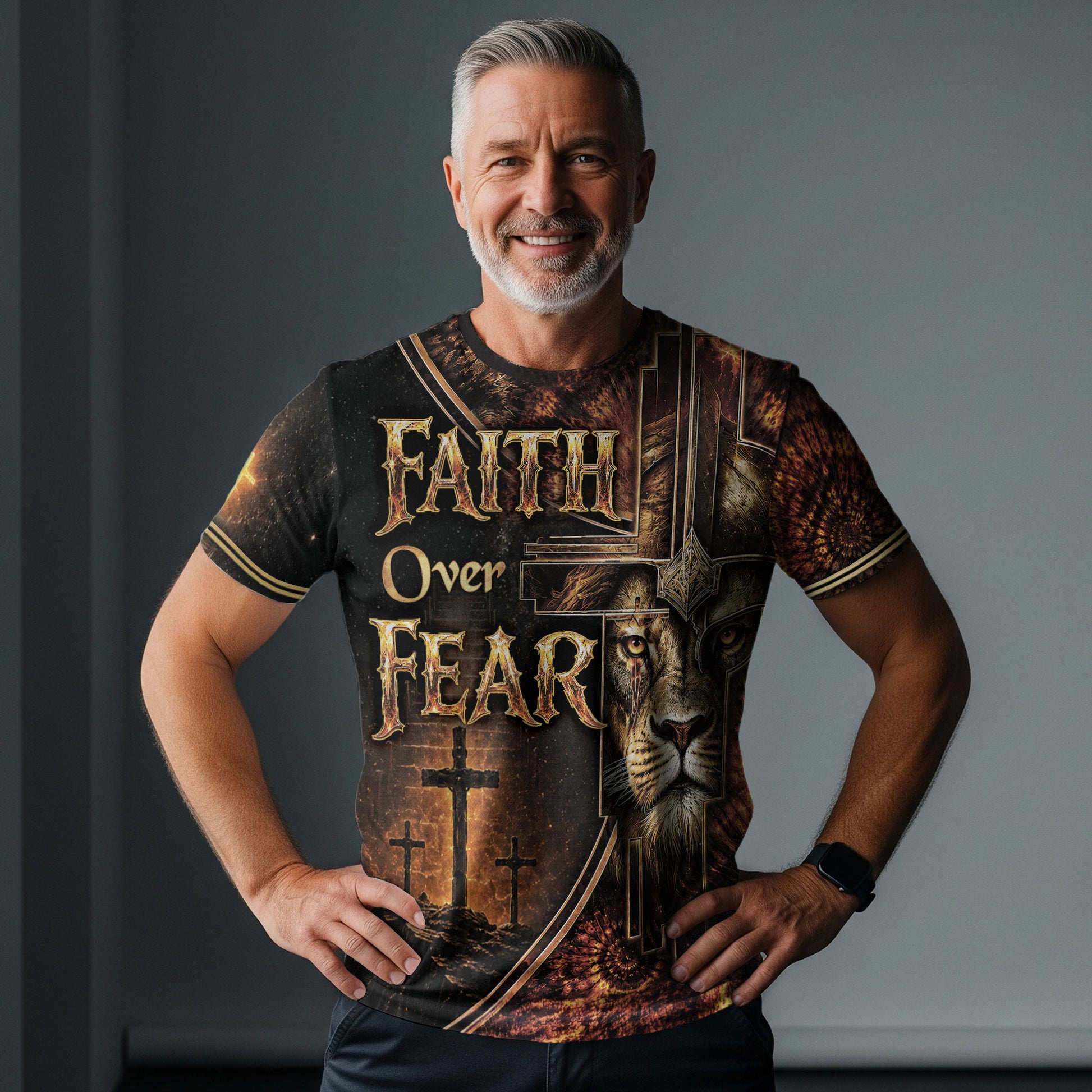 Faith Over Fear Lion Cross Christian Jesus Golden Graphic - Christian Tee Shirts, Christian Shirts for Men - Rust Field Wear