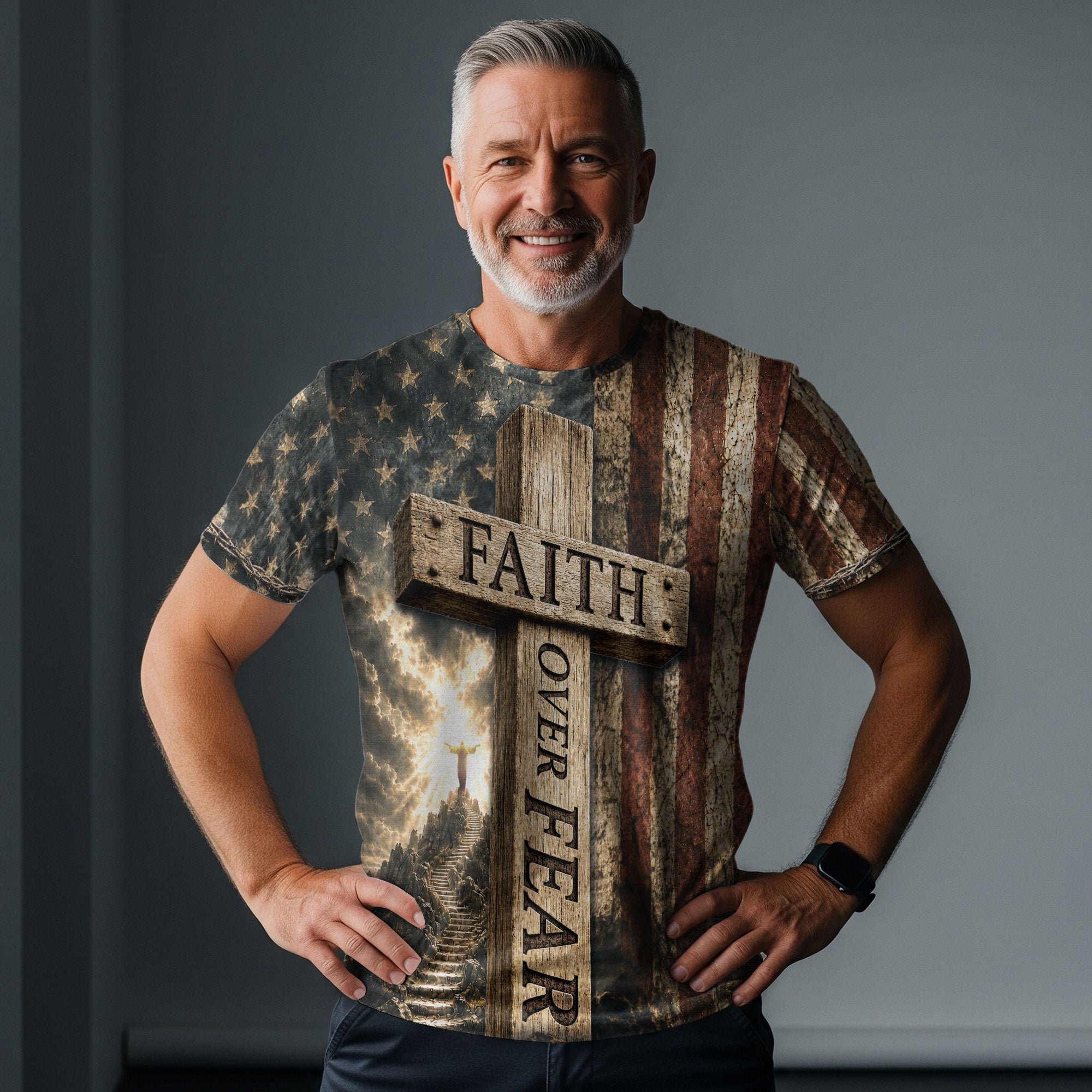 Faith Over Fear Cross Flag Lamb Christian Patriotic Graphic - Christian Shirts for Men, Christian Tee Shirts - Rust Field Wear
