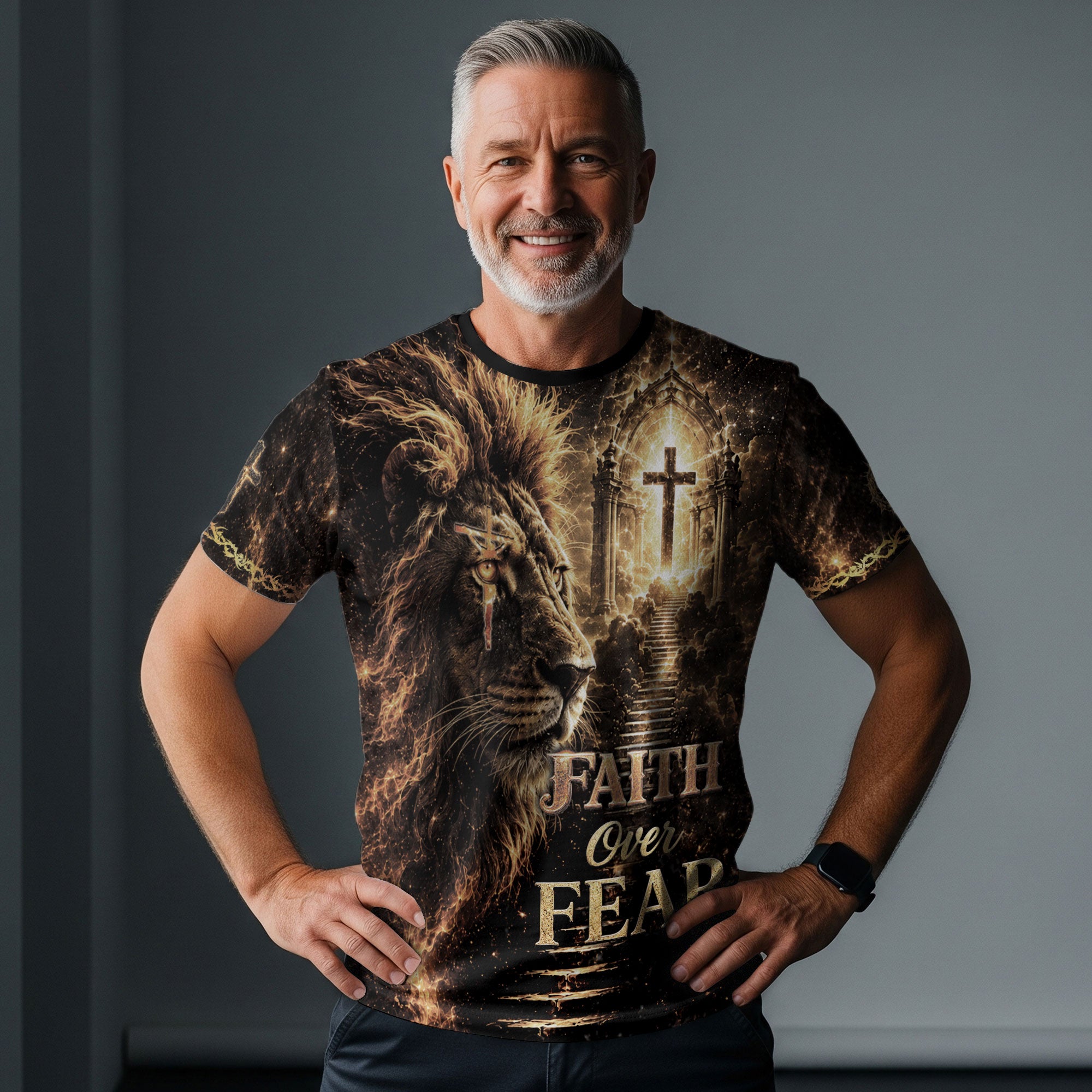 Christian Tee Shirts, Christian Shirts for Men - Faith Over Fear Lion Cross Christian Jesus Fiery Graphic - Rust Field Wear