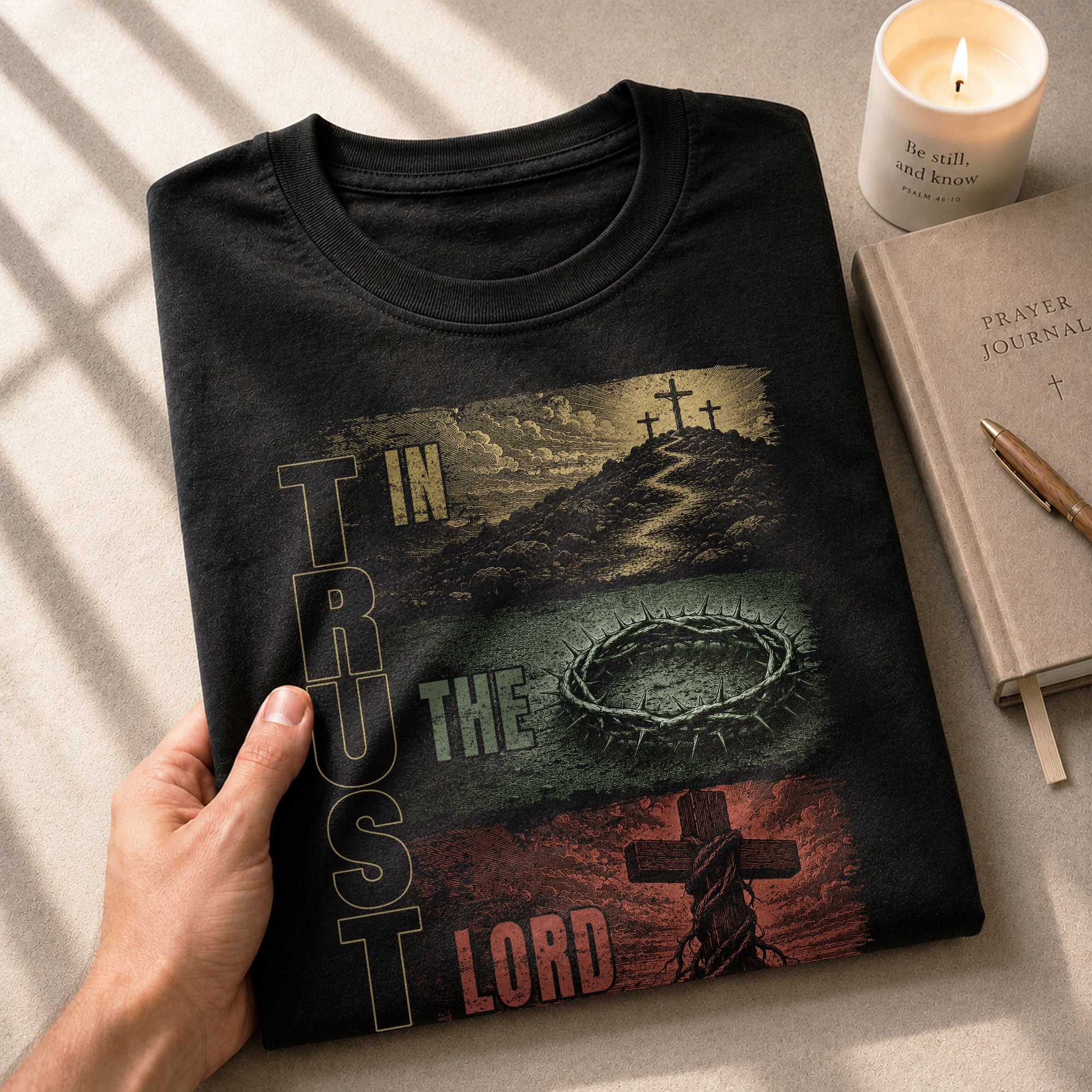 Trust In The Lord Shirt Mens Christian Calvary Cross Crown Thorns Religious Tee - Rust Field Wear