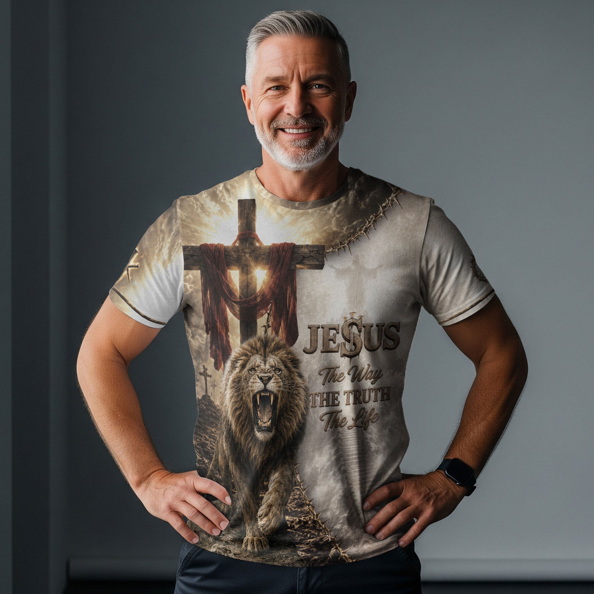 Jesus The Way The Truth The Life Lion Wings Cross 3D Men Shirt Christian Graphic Tee