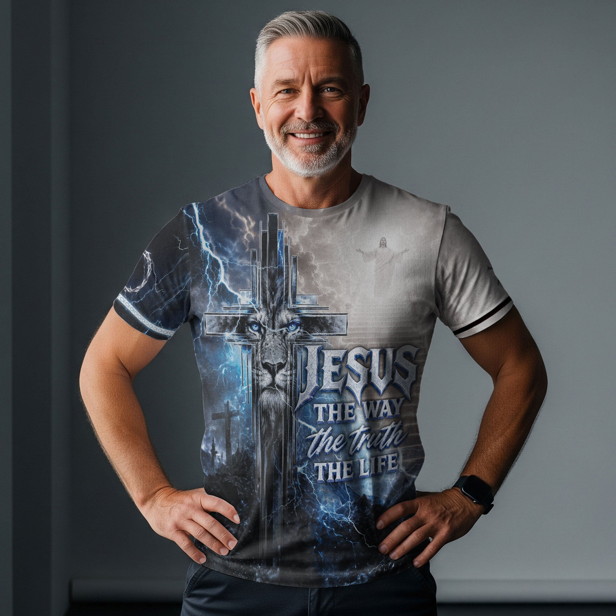 Jesus The Way The Truth The Life Blue Lightning Lion Cross 3D Men Shirt Christian Tee