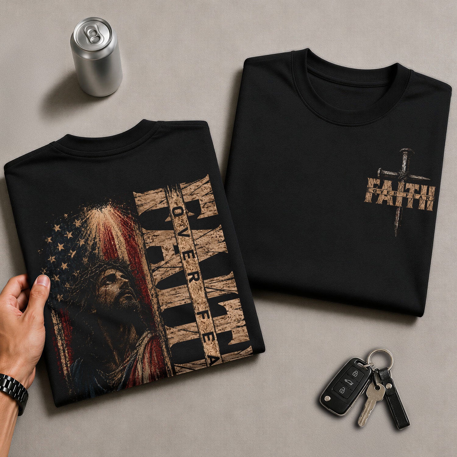 Faith Over Fear Jesus USA Flag Christian Graphic Tee Shirt For Men Faith Apparel - Rust Field Wear