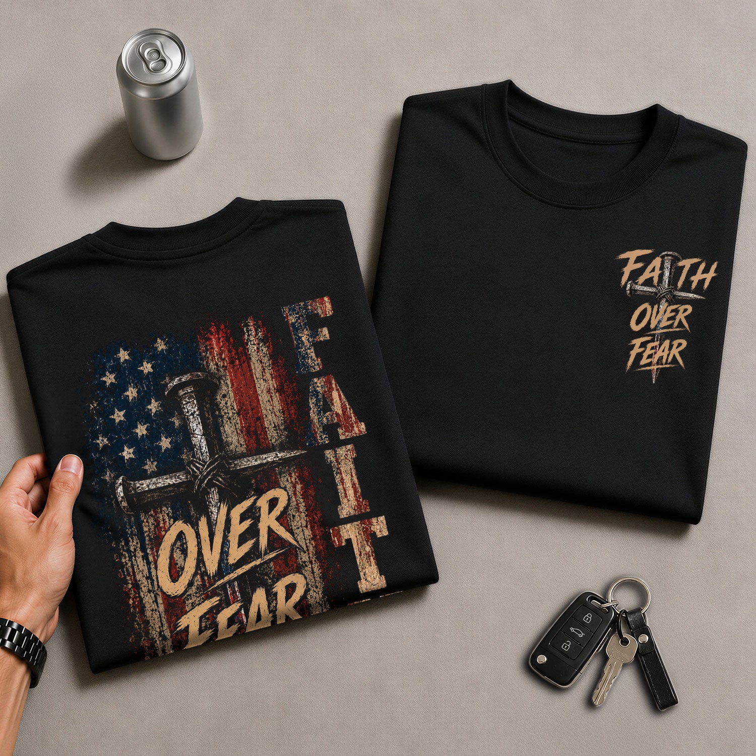 Faith Over Fear Nail Cross USA Flag Christian Graphic Tee Shirt For Men Clothing - Rust Field Wear