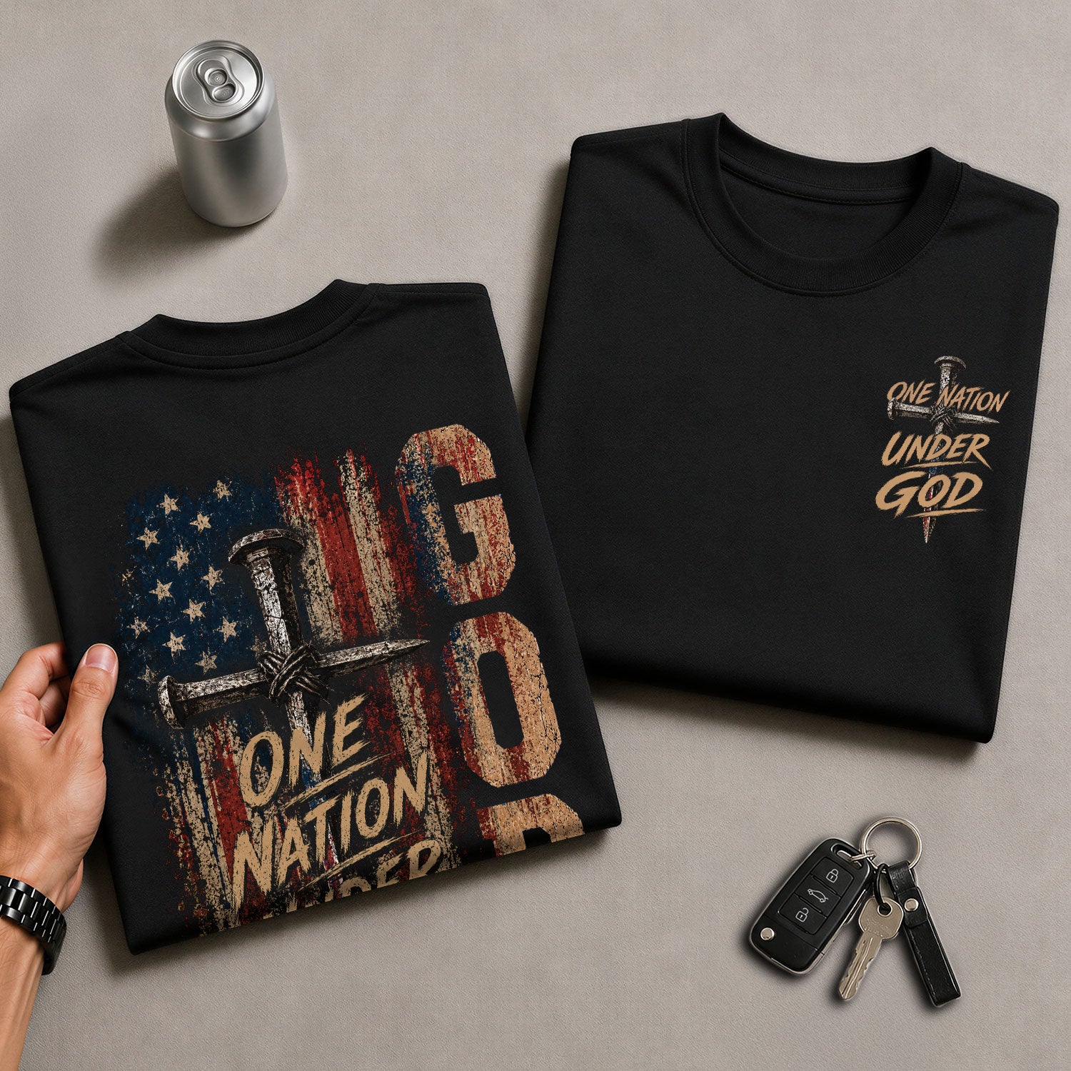 One Nation Under God Nail Cross USA Flag Christian Graphic Tee Shirt Men Faith Wear - Rust Field Wear