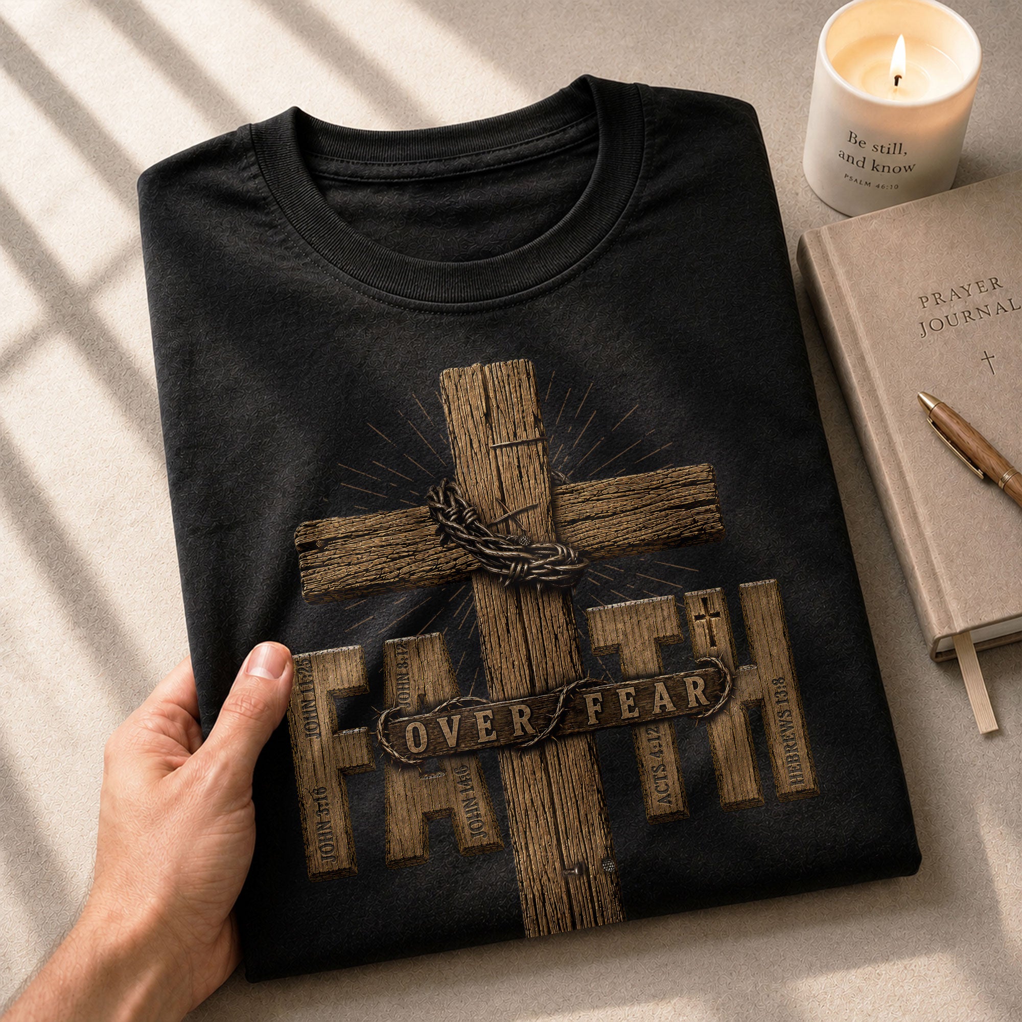 Faith Over Fear Wood Cross Scripture Christian Graphic Tee Shirt For Men Apparel - Rust Field Wear