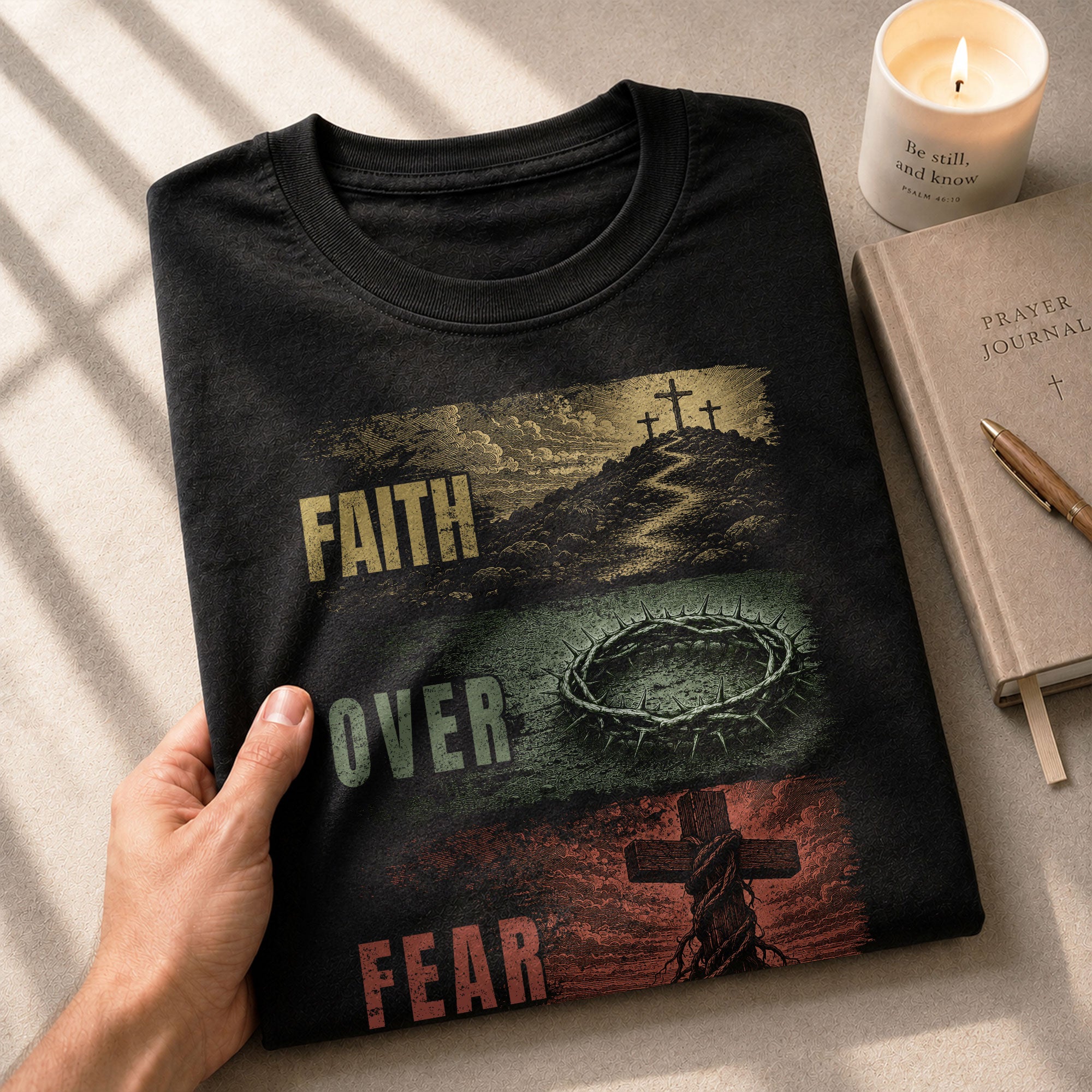 Faith Over Fear Three Panel Cross Crown Of Thorns Christian Graphic Tee Shirt For Men - Rust Field Wear