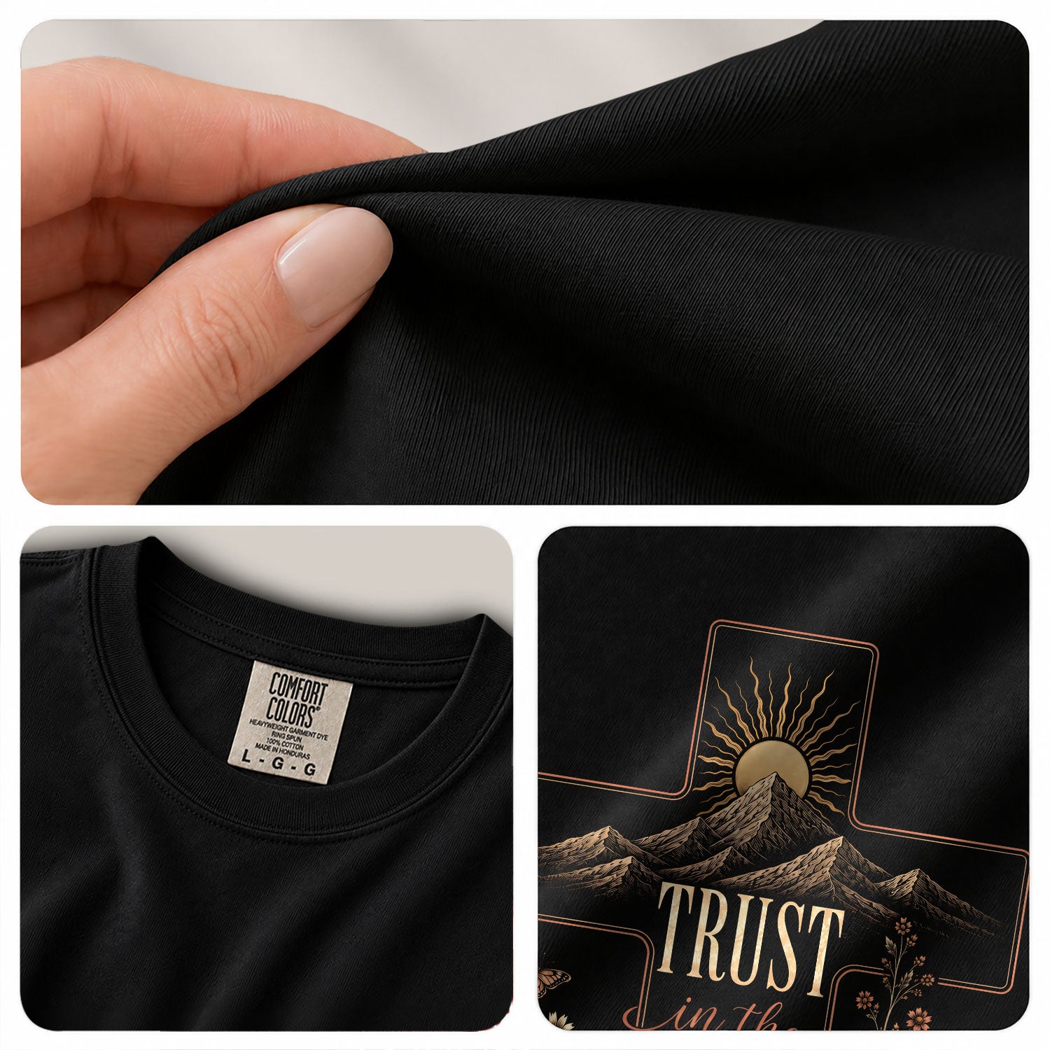 Trust In The Lord Cross Mountain Floral Christian Graphic Tee Shirt For Women Apparel - Rust Field Wear