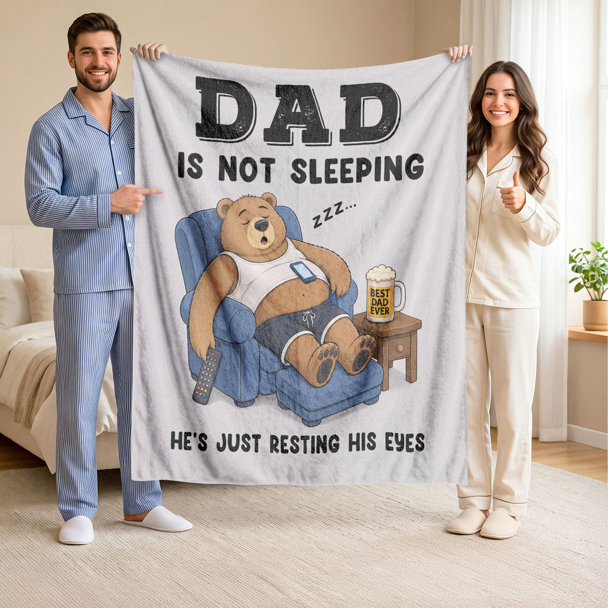 Dad Resting His Eyes Bear Graphic Throw Blanket Funny Gift For Father Day Cozy Home - Rust Field Wear