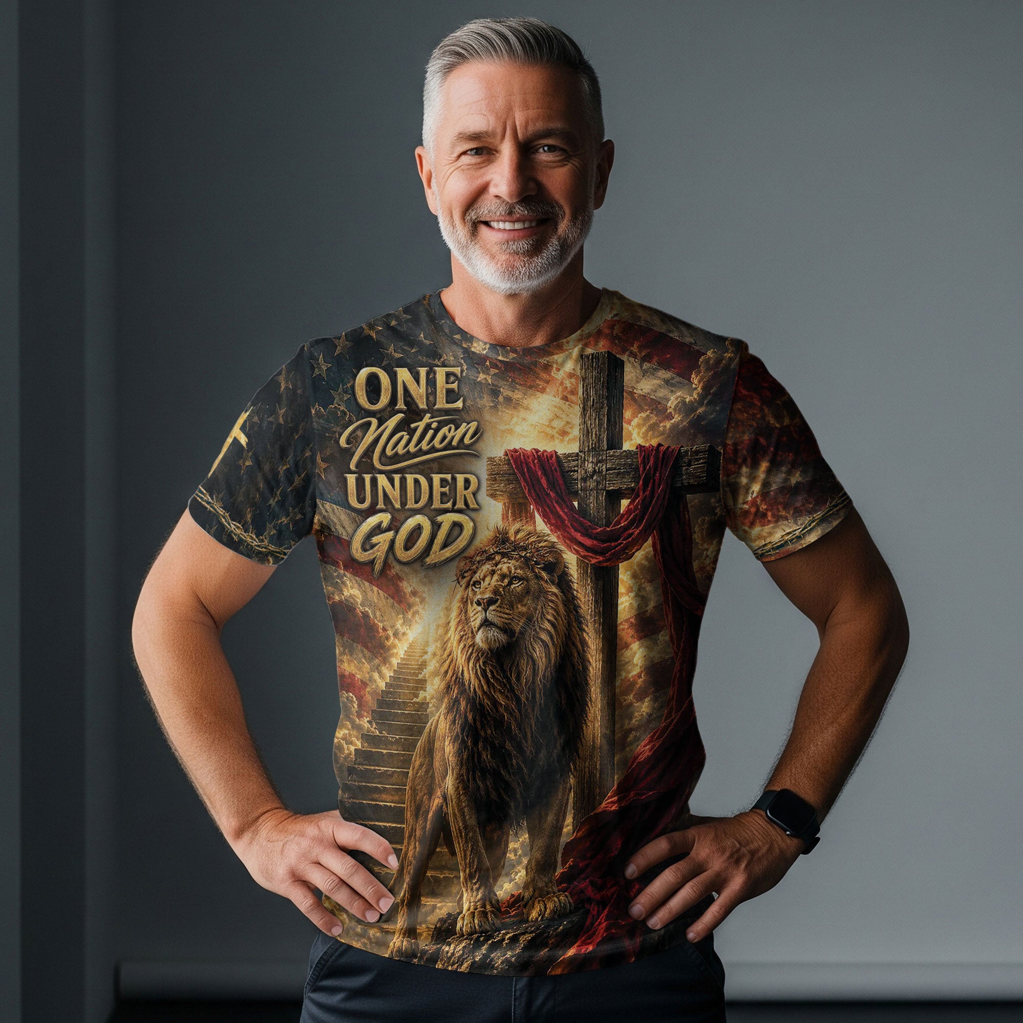 Christian Lion Cross 3D Men T-Shirt One Nation Under God Jesus Graphic Print Tee Shirt