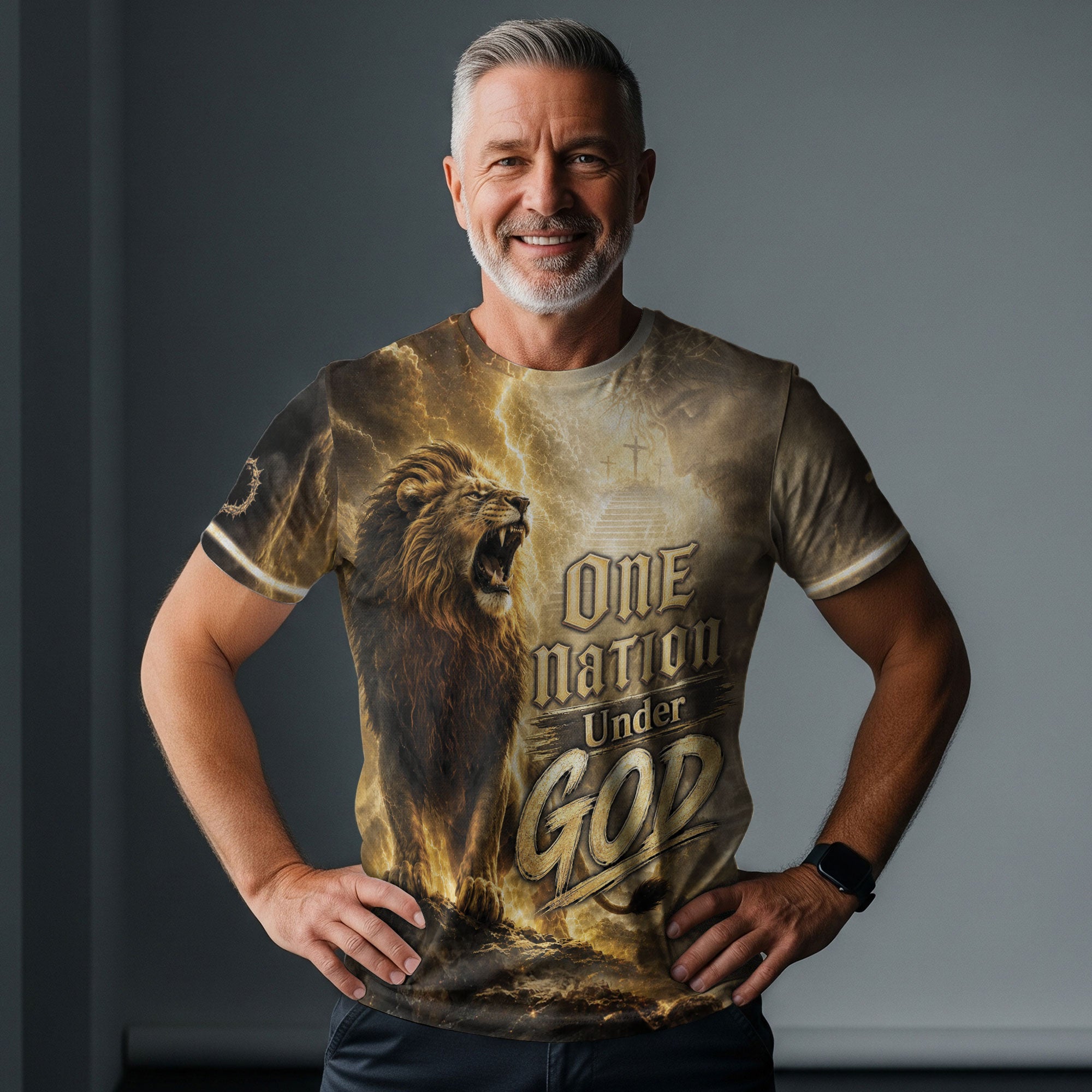 One Nation Under God Shirt Christian Roaring Lion Cross Jesus 3D Graphic Men Tee