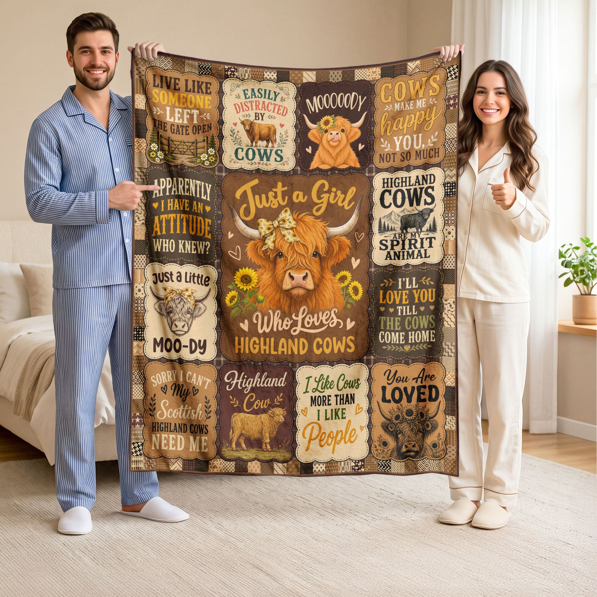 Just A Girl Who Adores Highland Cows Patchwork Throw Blanket Farm Decor Gift Idea