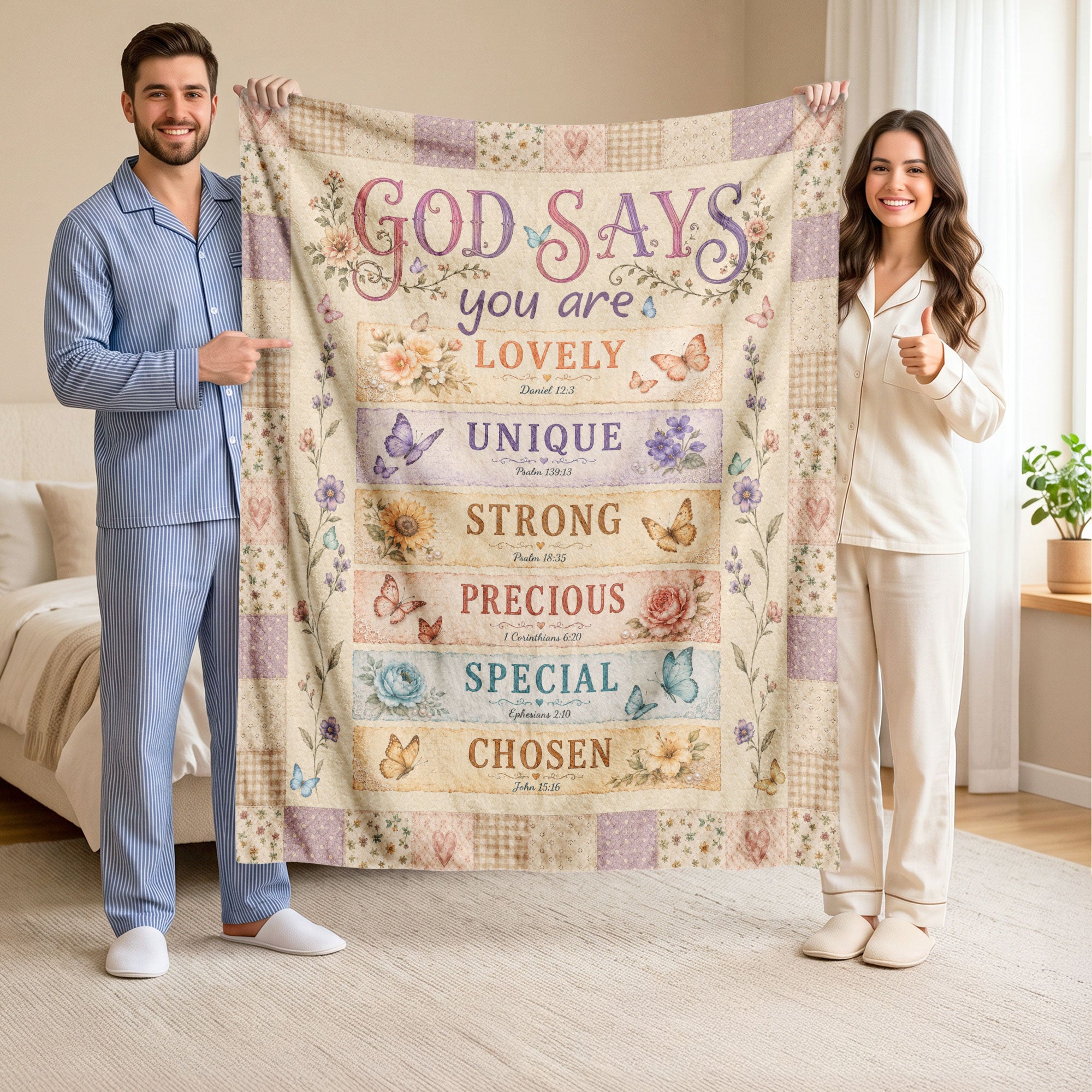 God Says You Are Blanket Floral Patchwork Christian Bible Verse Throw Scripture Gift