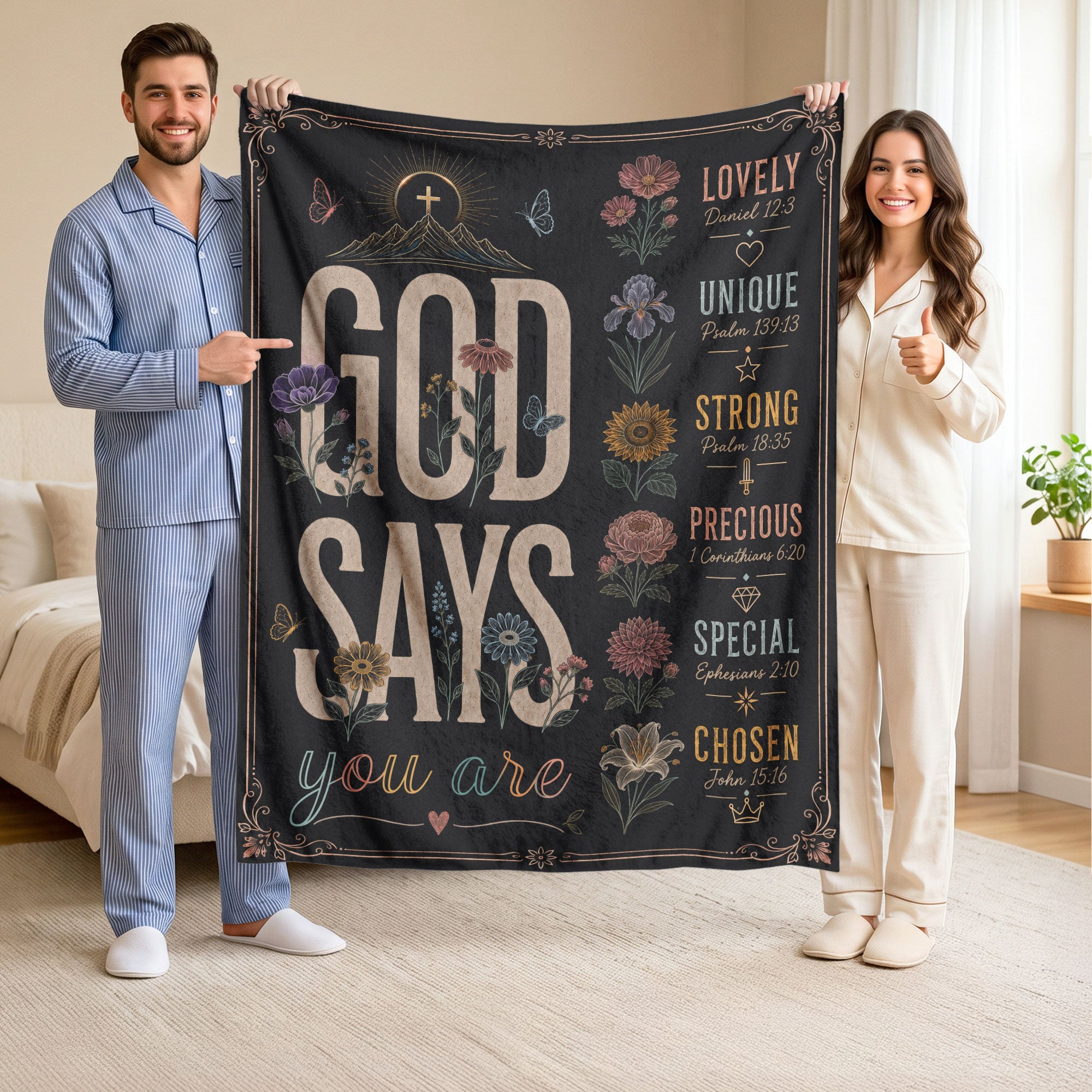 God Says You Are Blanket Black Floral Christian Bible Verse Throw Scripture Gift Cozy