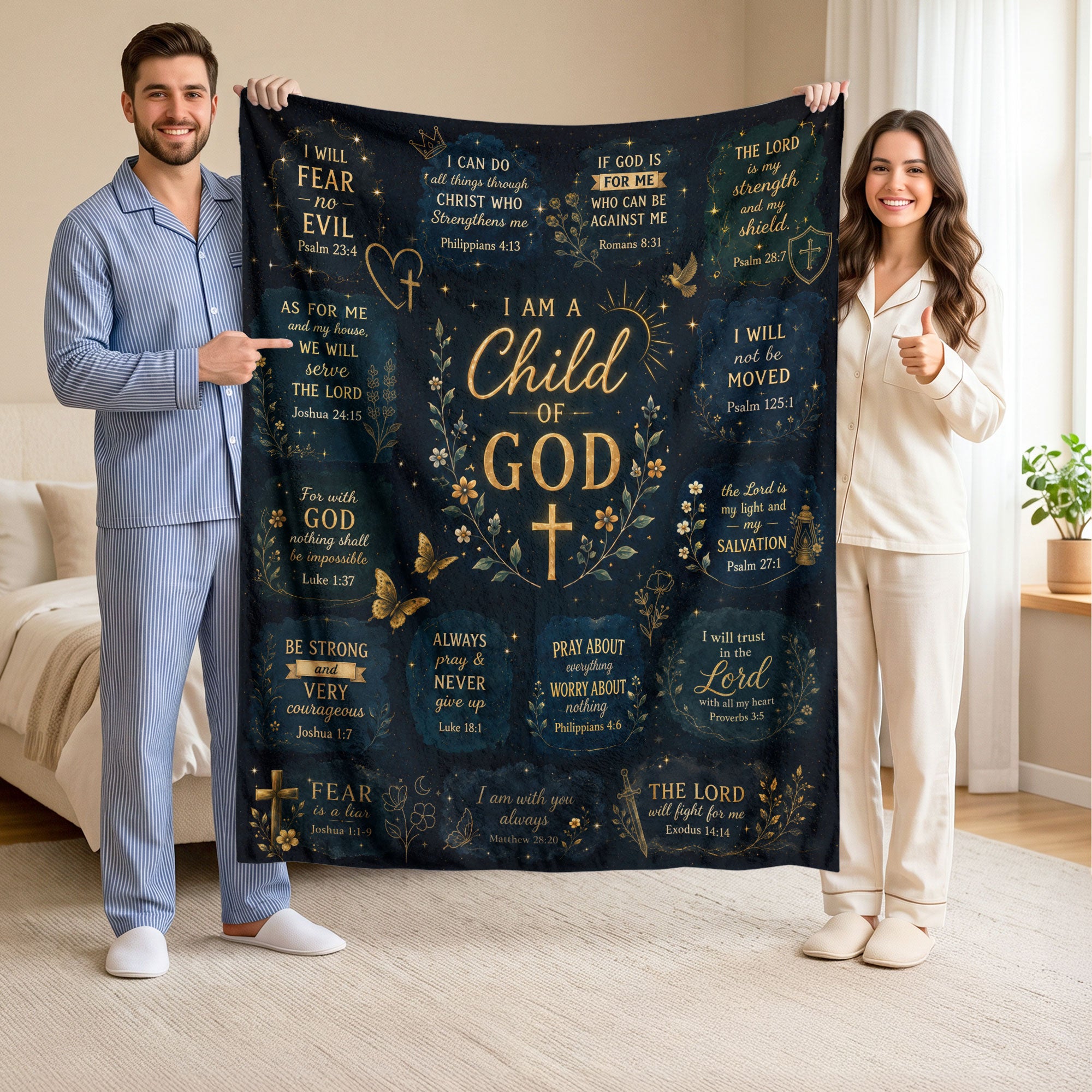 I Am A Child Of God Blanket Black Gold Floral Christian Bible Verse Scripture Decor Gift