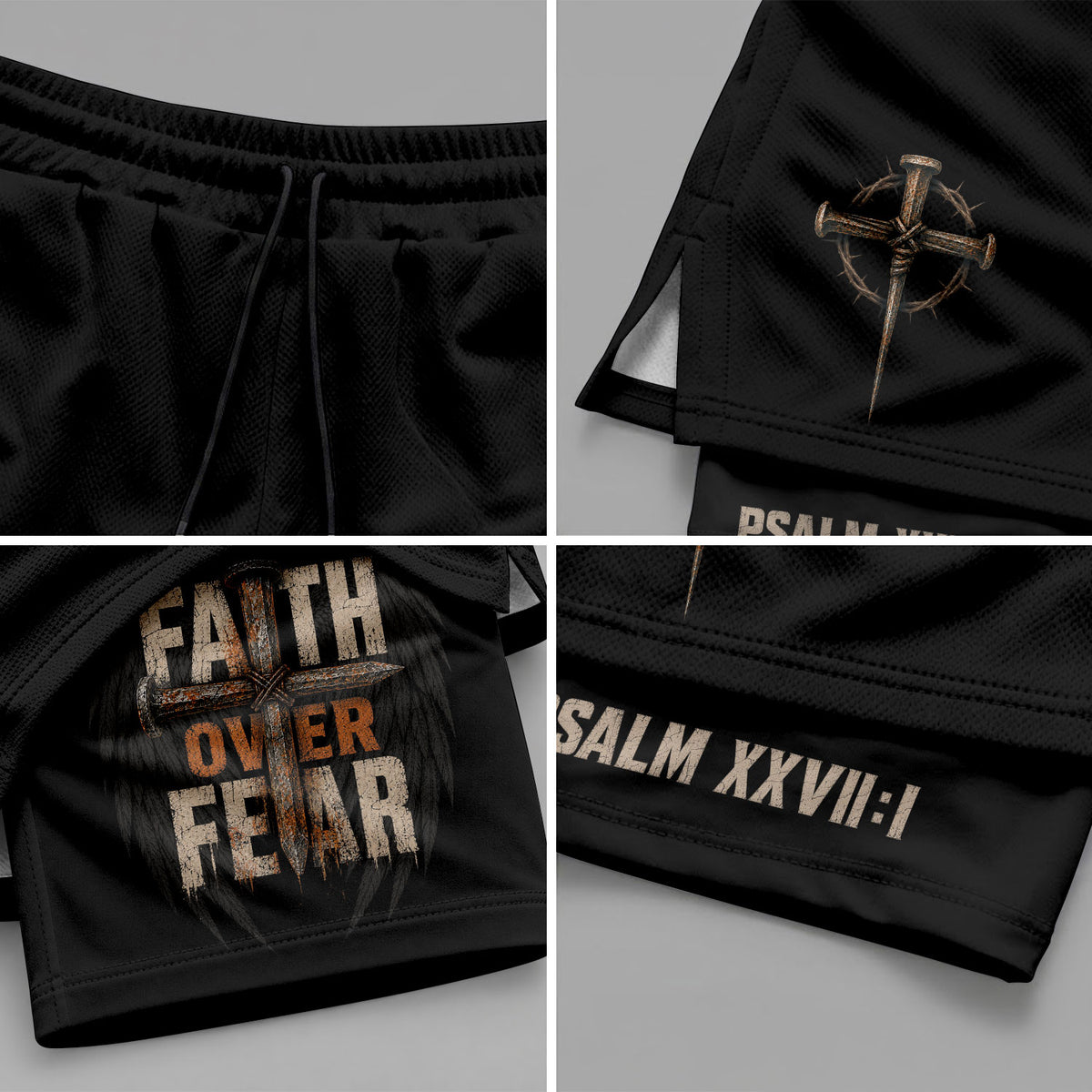 Psalm 27:1 Faith Over Fear Men's Double Layer Track Shorts - Christian Cross Workout Shorts - Rust Field Wear
