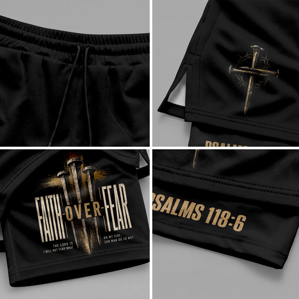 Psalms 118:6 Faith Over Fear Men's Double Layer Track Shorts - Christian Nail Cross Shorts - Rust Field Wear
