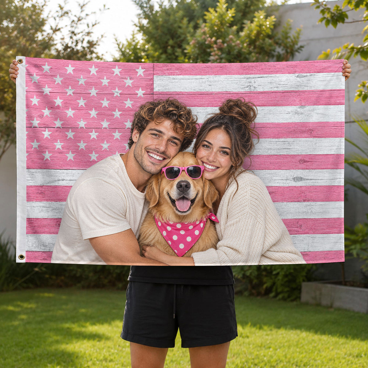 Custom American Flag with Photo Personalized Pink Wood Texture Picture Flag USA Decor - Rust Field Wear