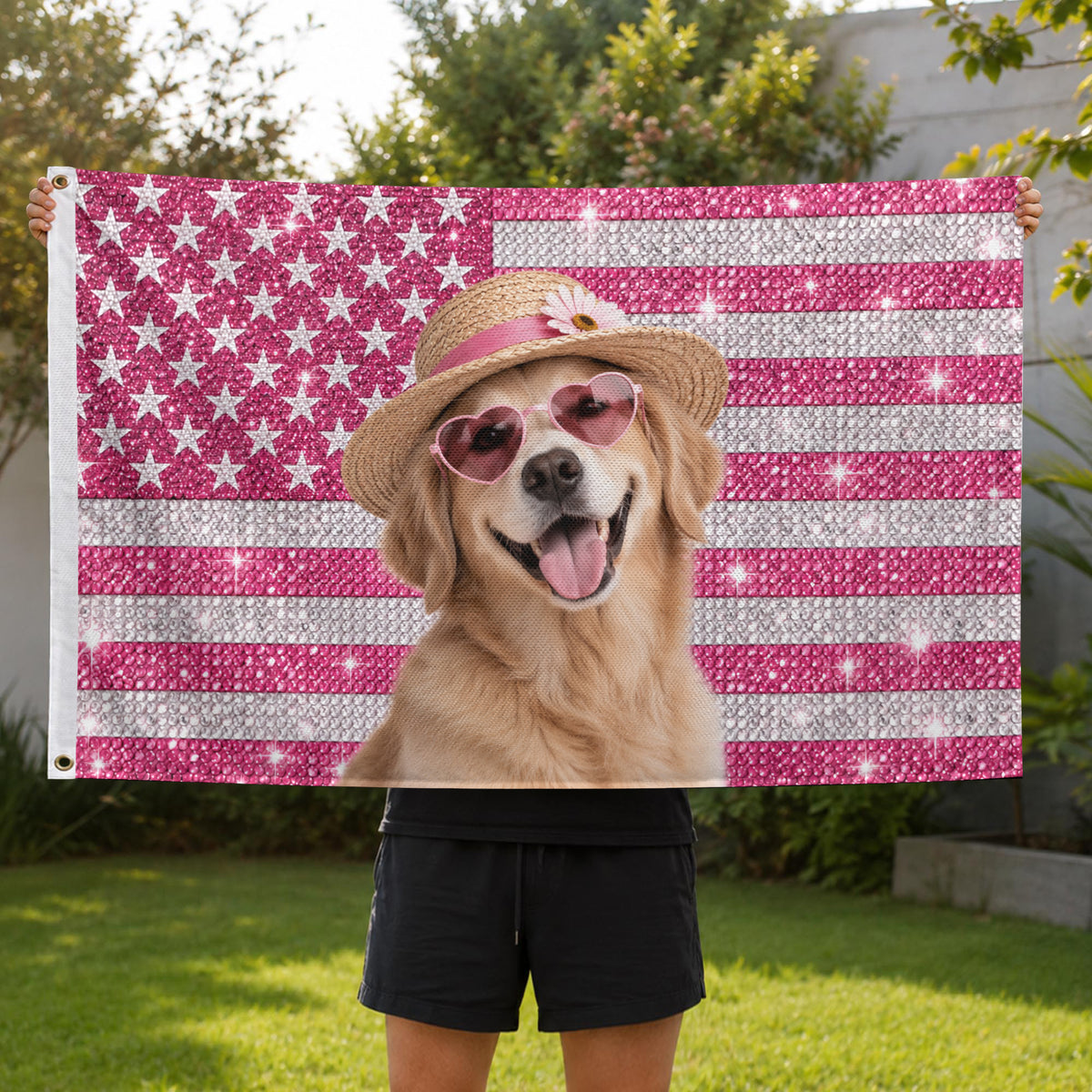 Custom Pink Rhinestone USA Flag Woman Dog Couple Friends Photo Banner Display Piece