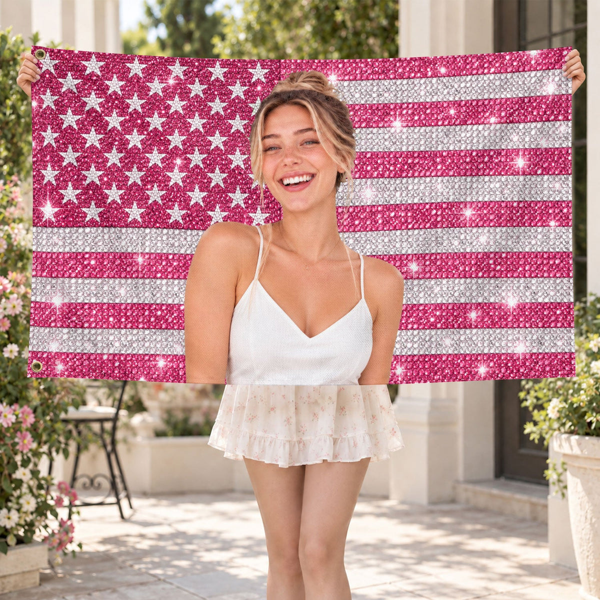 Pink Rhinestone Portrait Photo Collage Custom Flag with Picture, Pink American Flag Custom, Pink Flag Custom, Rustfield Co. - Rust Field Wear