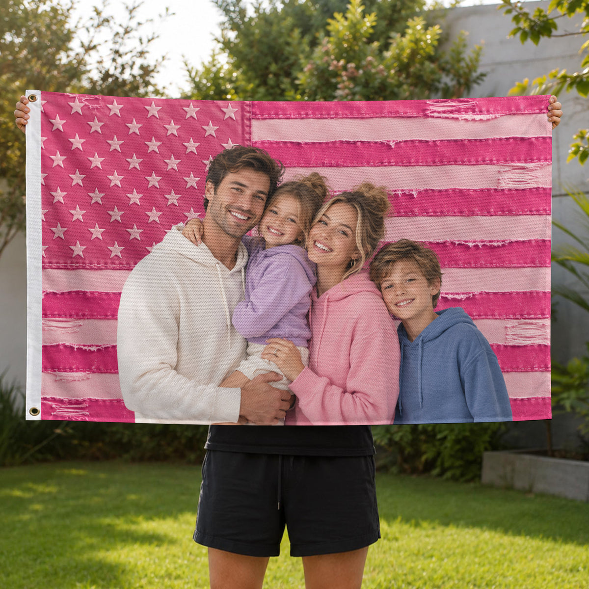 Custom Pink Distressed USA Flag Portrait Photo Collage Banner Wall Art Tapestry Piece