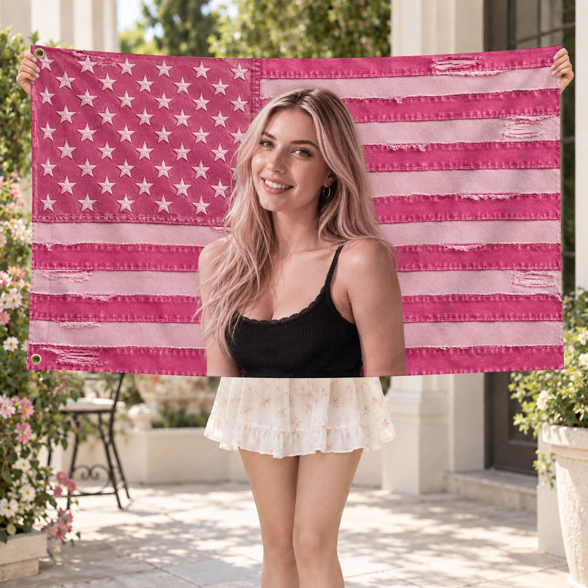 Custom Pink Distressed USA Flag Portrait Photo Collage Banner Wall Art Tapestry Piece - Rust Field Wear