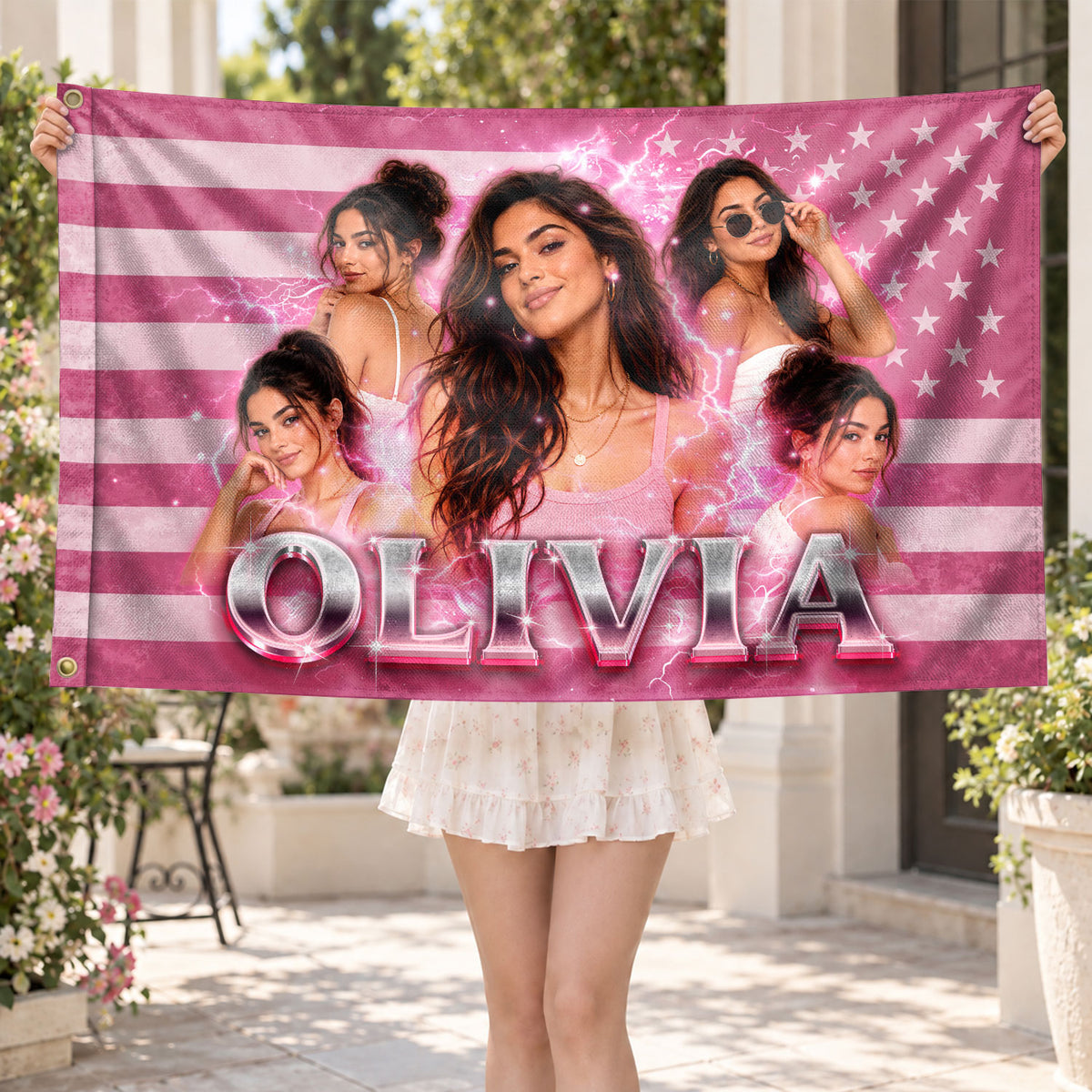 Custom Photo American Flag Personalized Pink Lightning Name USA Picture Flag Gift - Rust Field Wear