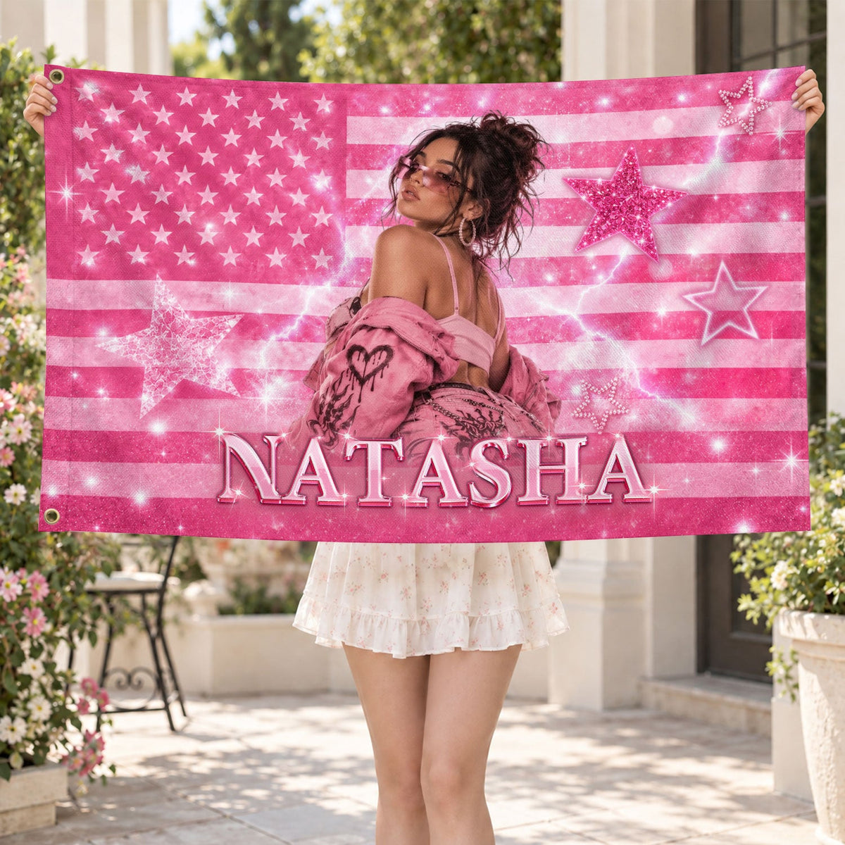 Custom Name Photo Flag American Stars Sparkle Glitter Wall Hanging Display Banner - Rust Field Wear
