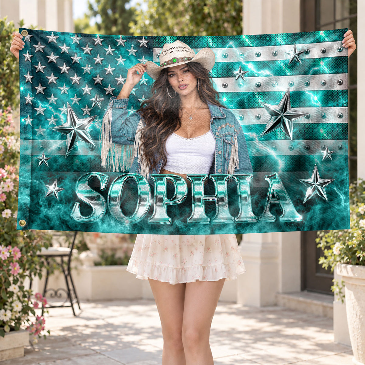 Aesthetic Teal American Flag Custom Photo Graphic Banner Retro Wall Hanging Display - Rust Field Wear