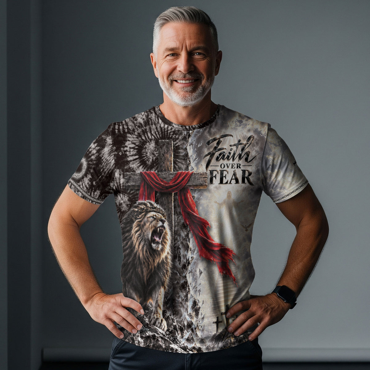Spiritual Faith Over Fear Lion Cross Christian Graphic Athletic Team Shirt Top Garment