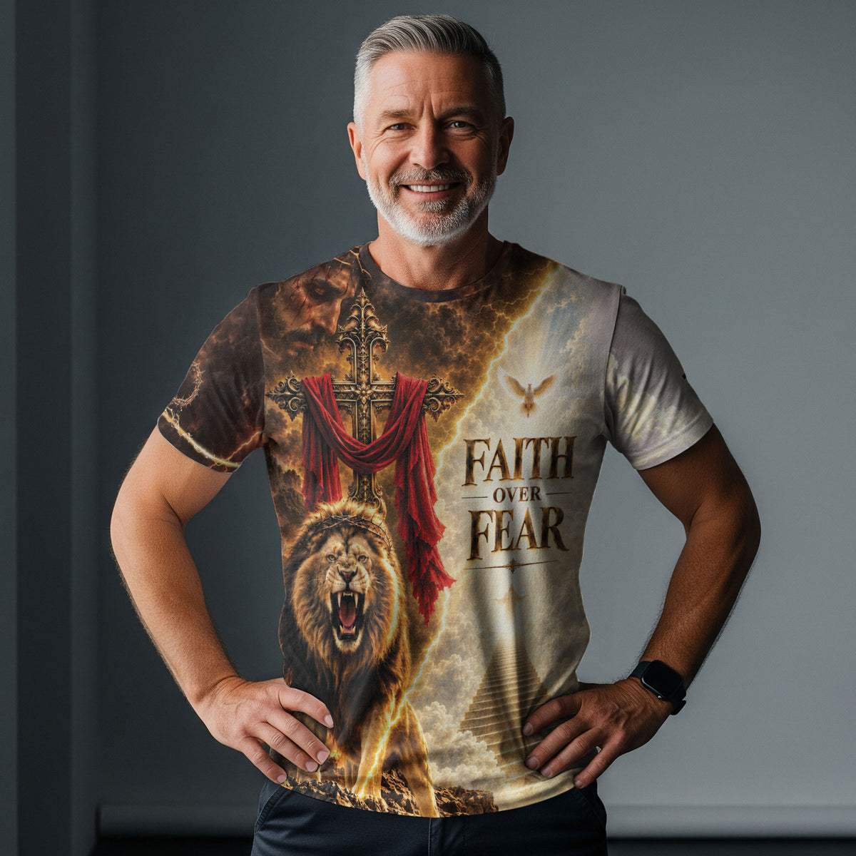 Devotional Faith Over Fear Lion Cross Christian Graphic Athletic Team Shirt Top Garment