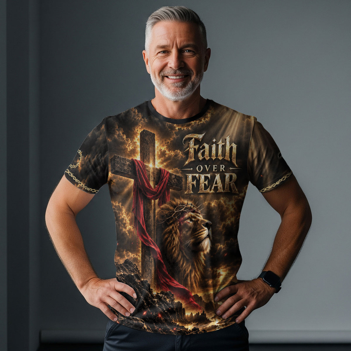 Steadfast Faith Over Fear Lion Cross Christian Graphic Athletic Team Shirt Top Garment