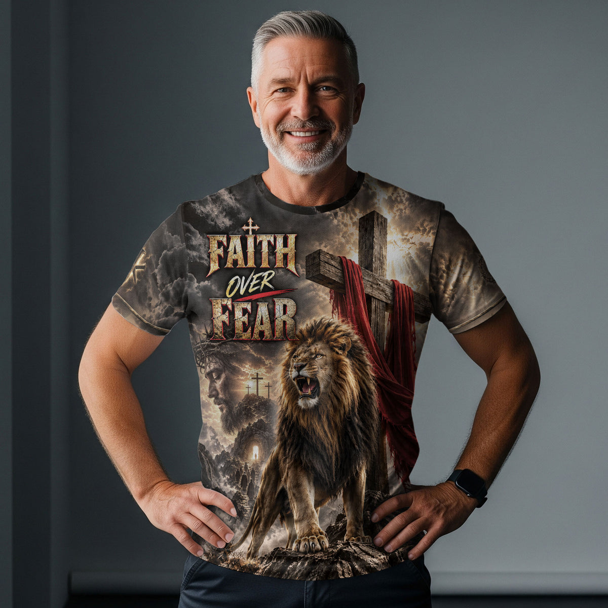 Unyielding Faith Over Fear Lion Cross Christian Graphic Apparel Shirt Top Garment Outfit