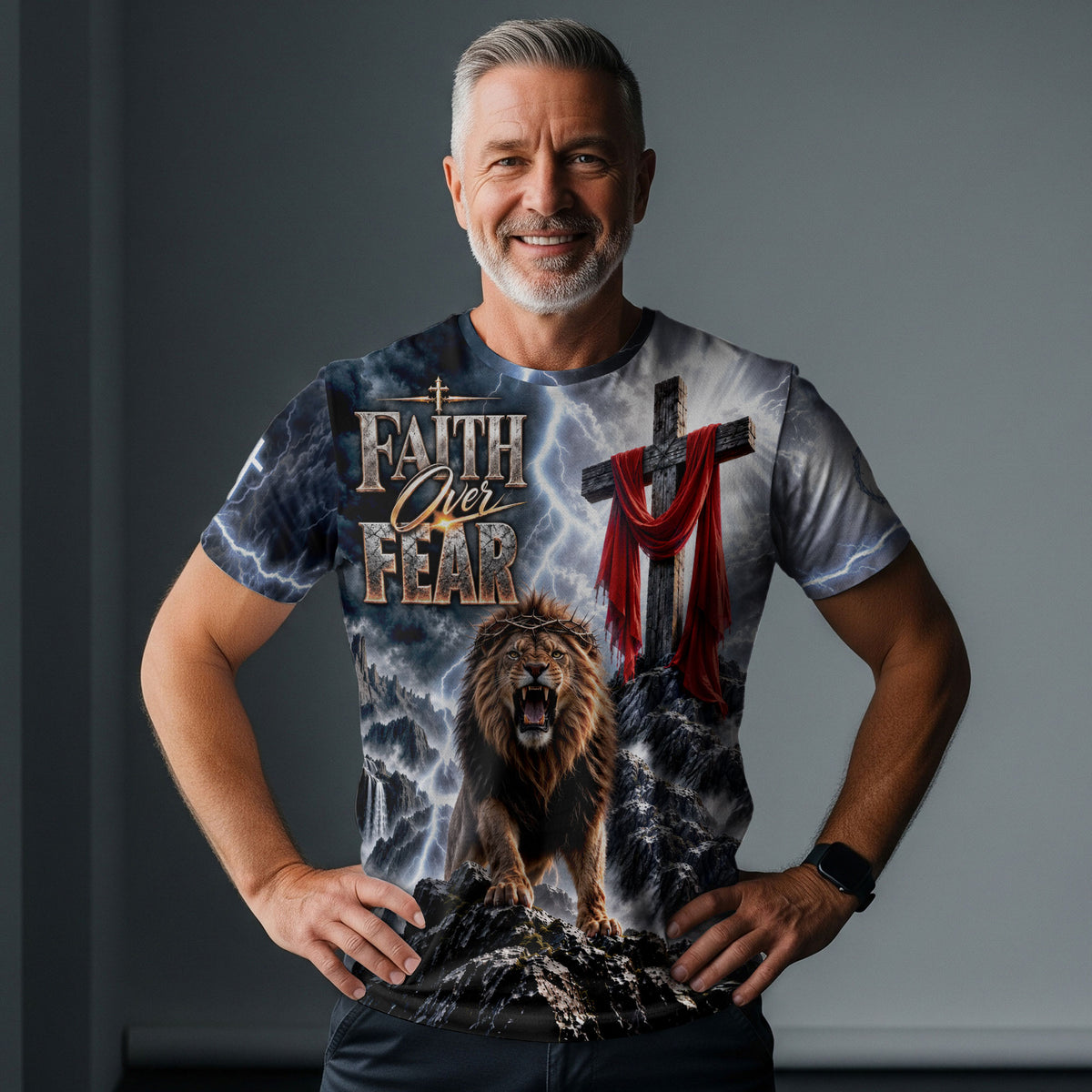 Powerful Faith Over Fear Lion Cross Christian Graphic Apparel Shirt Top Garment Outfit